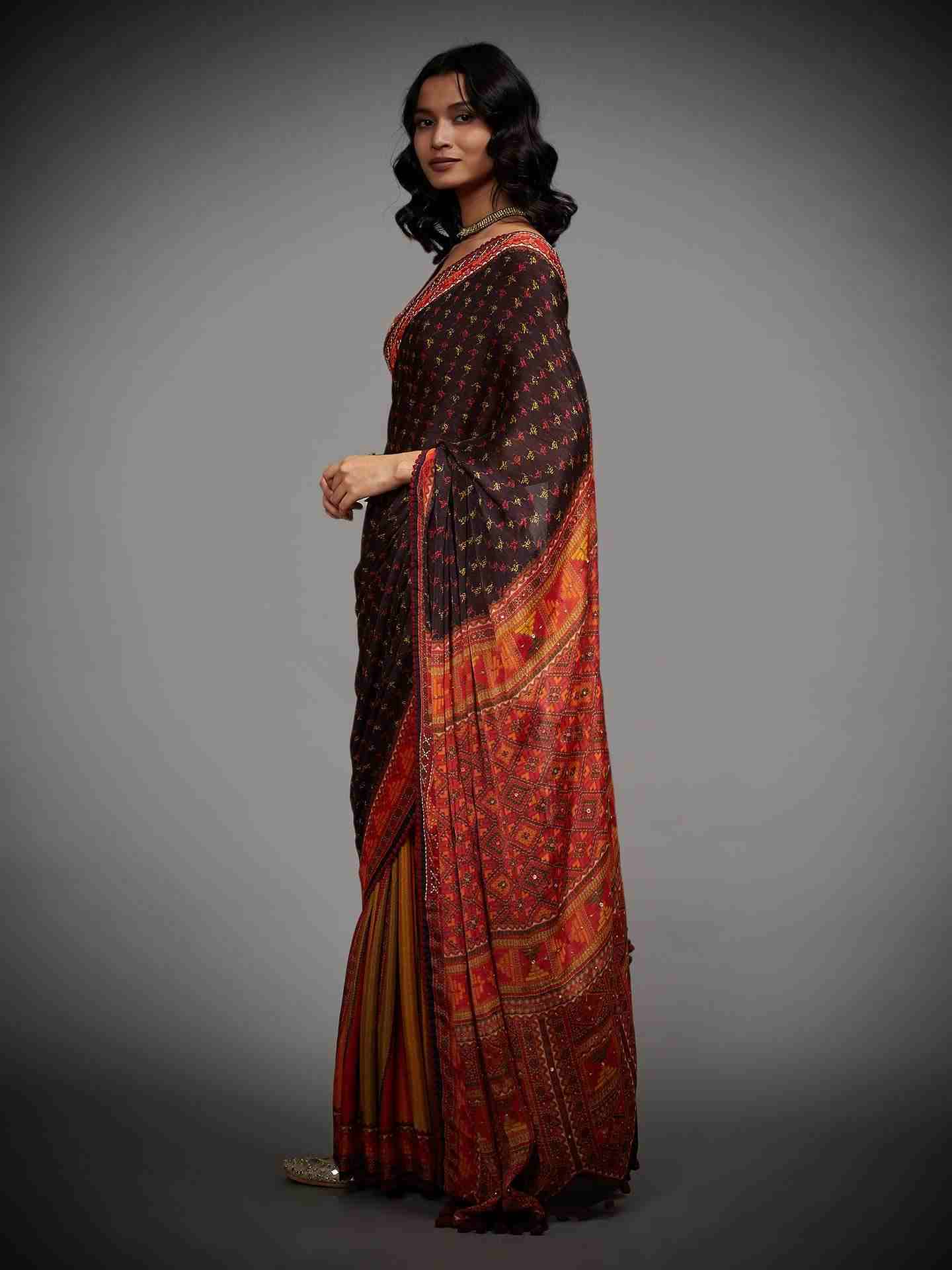 Black Falguni Saree With Unstitched Blouse