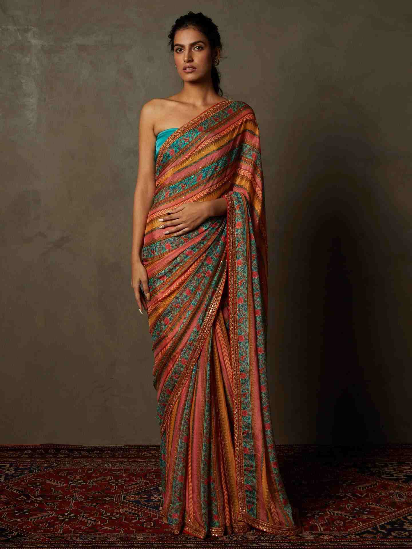 Aqua & Multi Ariyana Saree With Unstitched Blouse