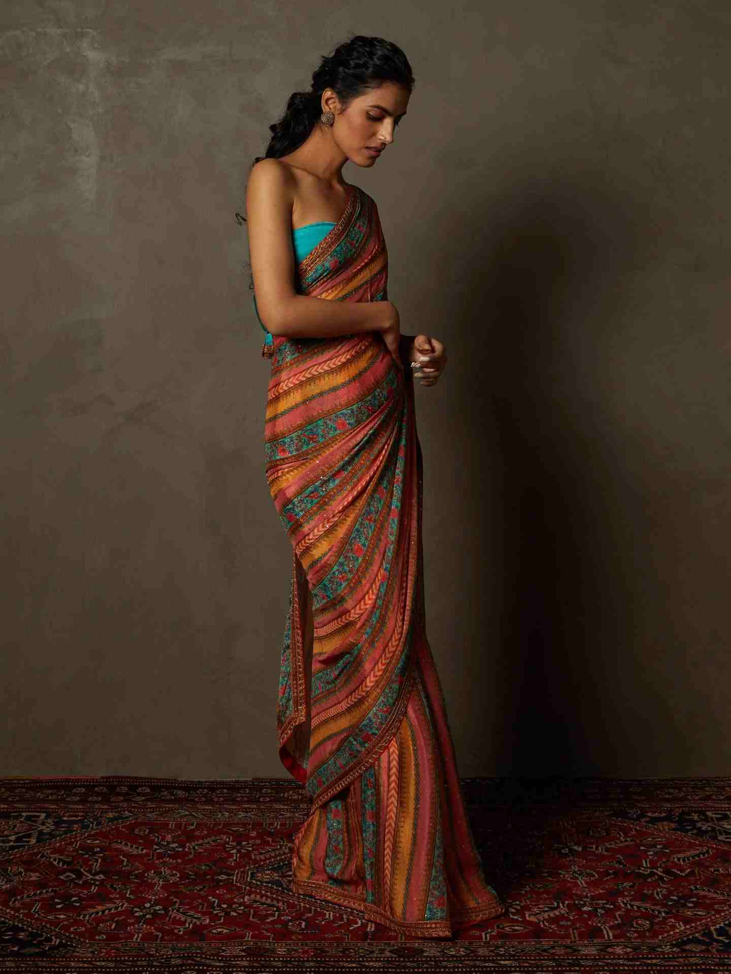 Aqua & Multi Ariyana Saree With Unstitched Blouse