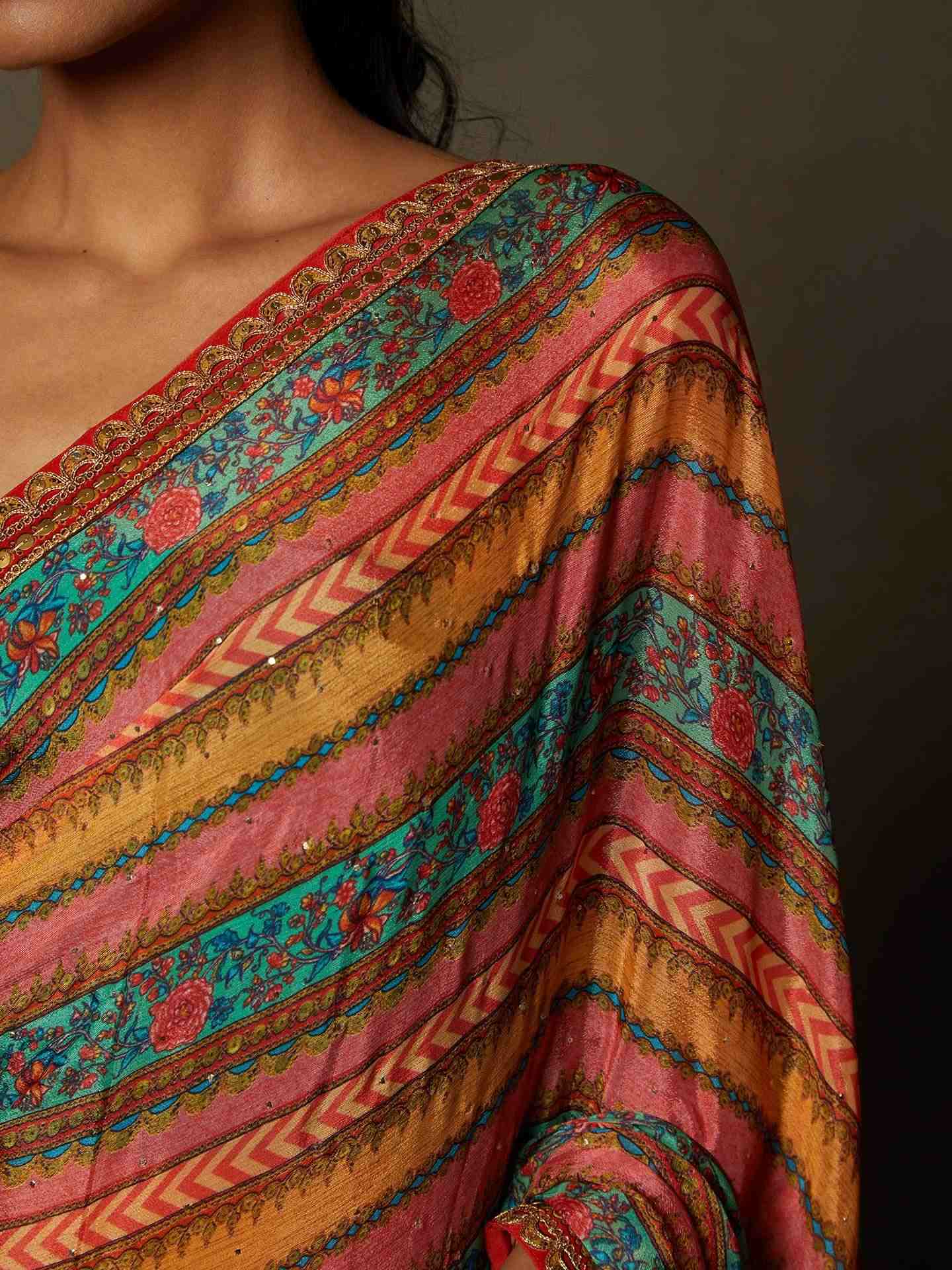 Aqua & Multi Ariyana Saree With Unstitched Blouse