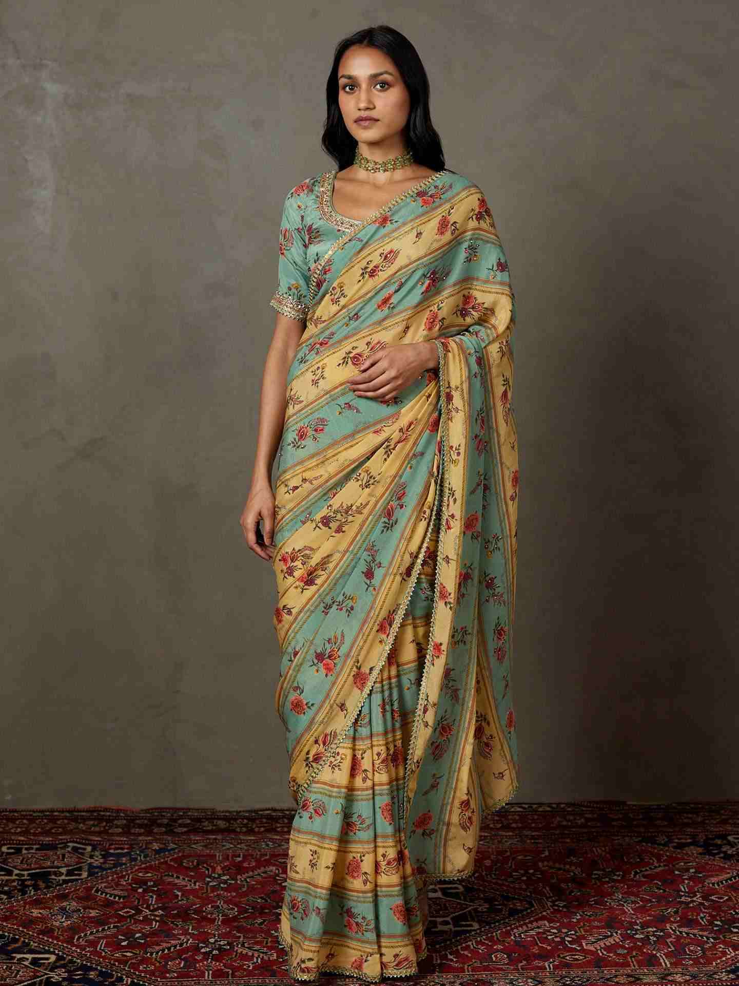 Light Teal Dahlia Saree With Unstitched Blouse
