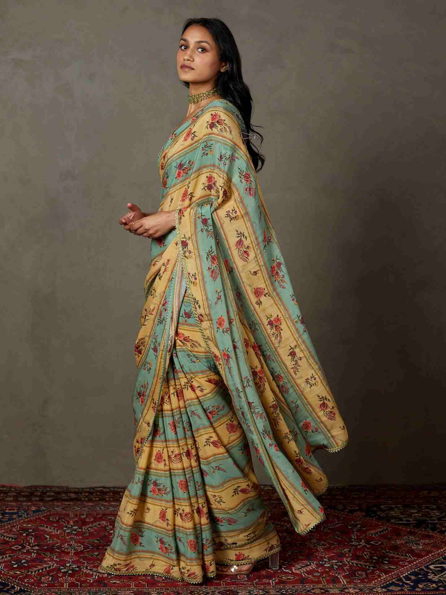 Light Teal Dahlia Saree With Unstitched Blouse