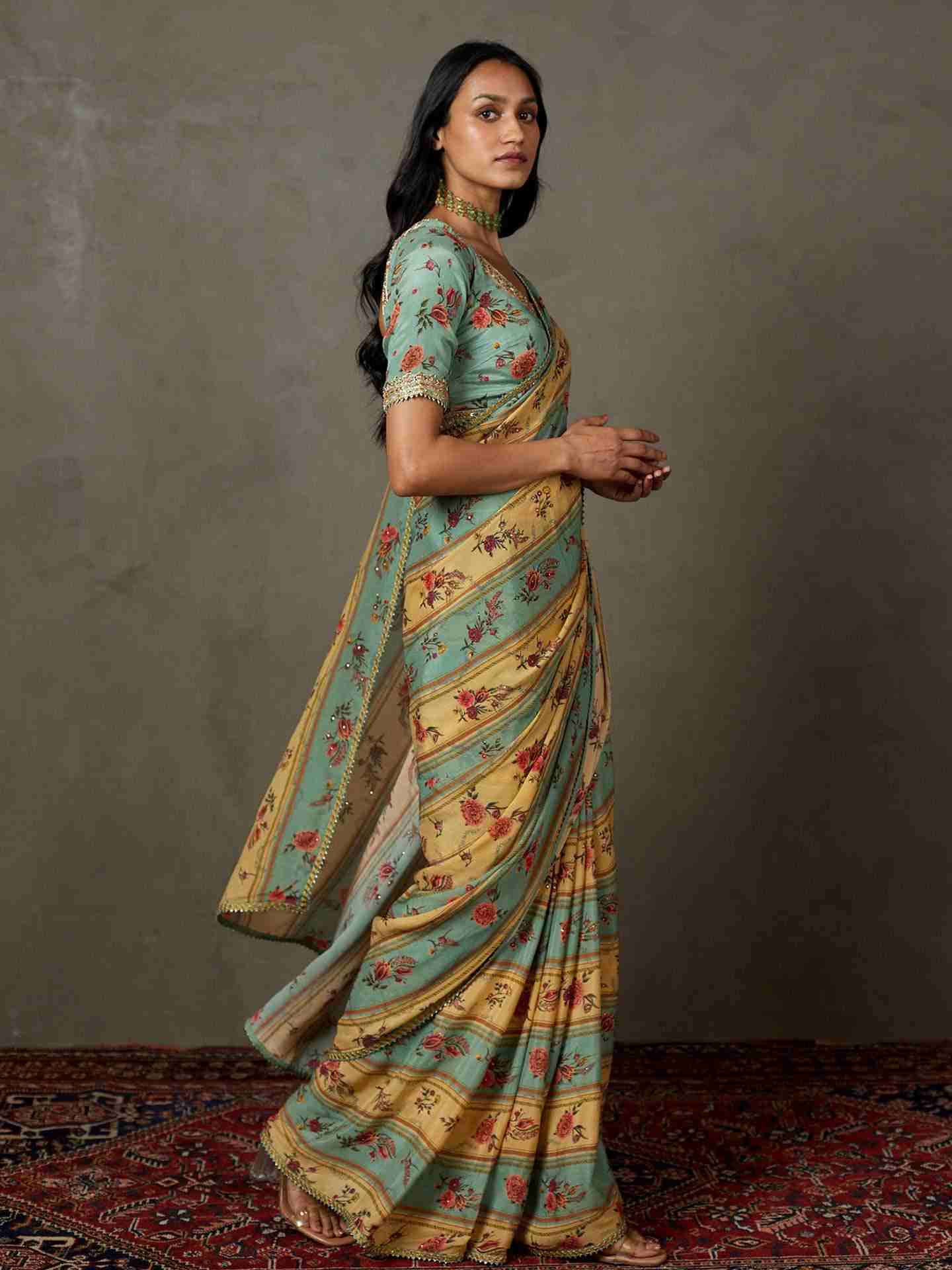 Light Teal Dahlia Saree With Unstitched Blouse