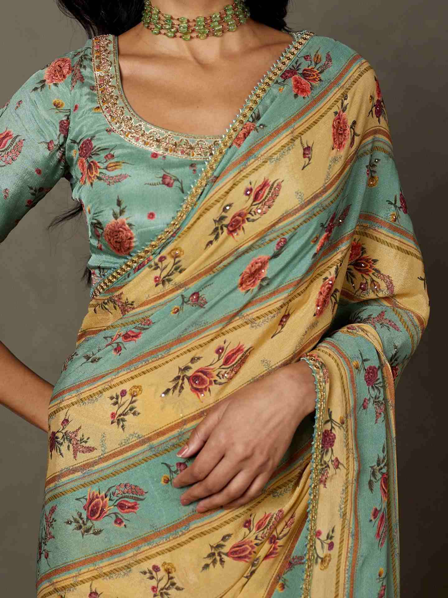 Light Teal Dahlia Saree With Unstitched Blouse