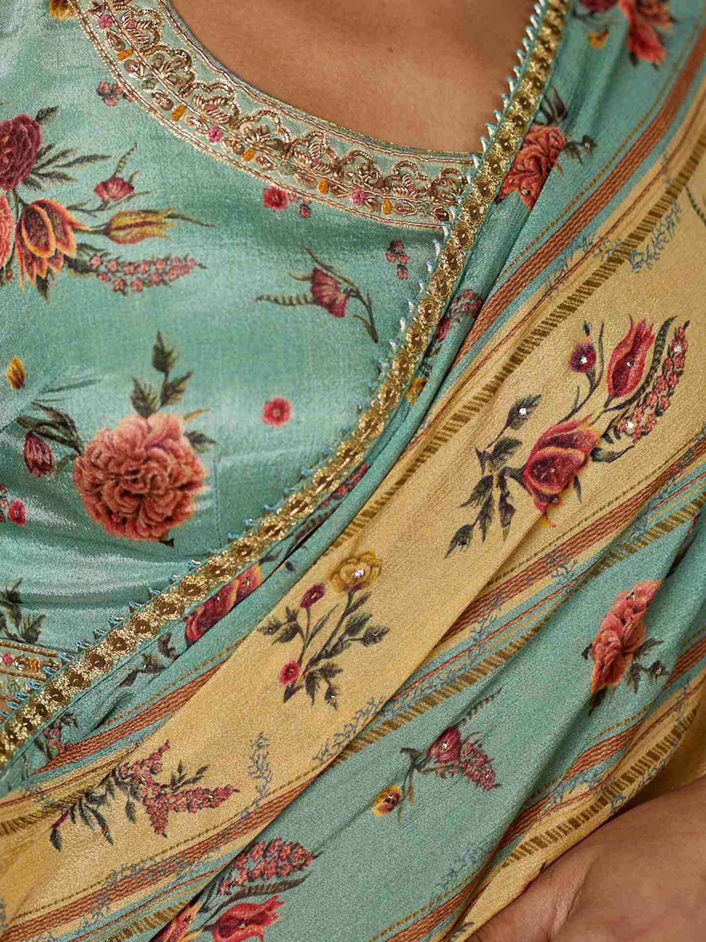 Light Teal Dahlia Saree With Unstitched Blouse