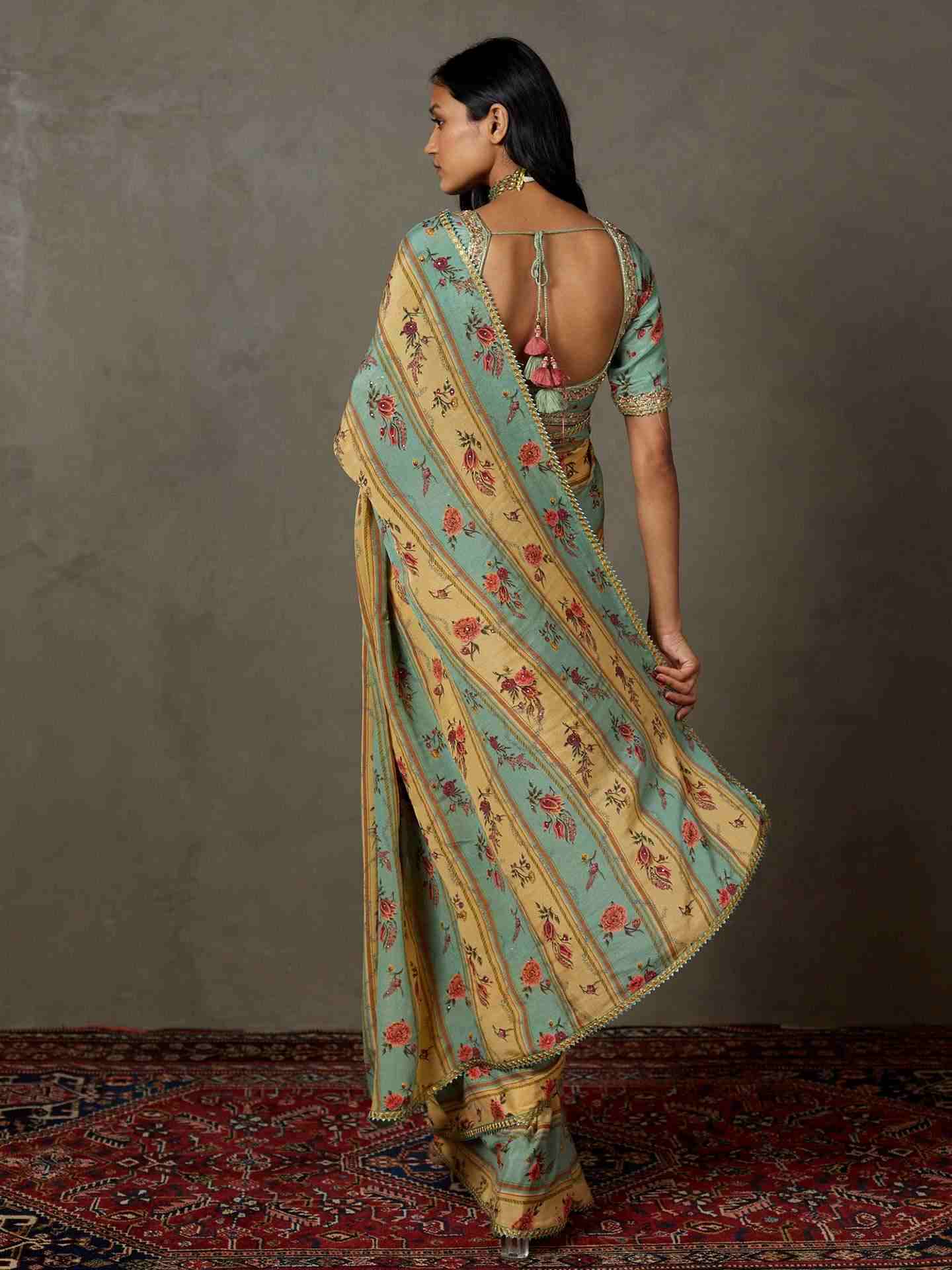 Light Teal Dahlia Saree With Unstitched Blouse