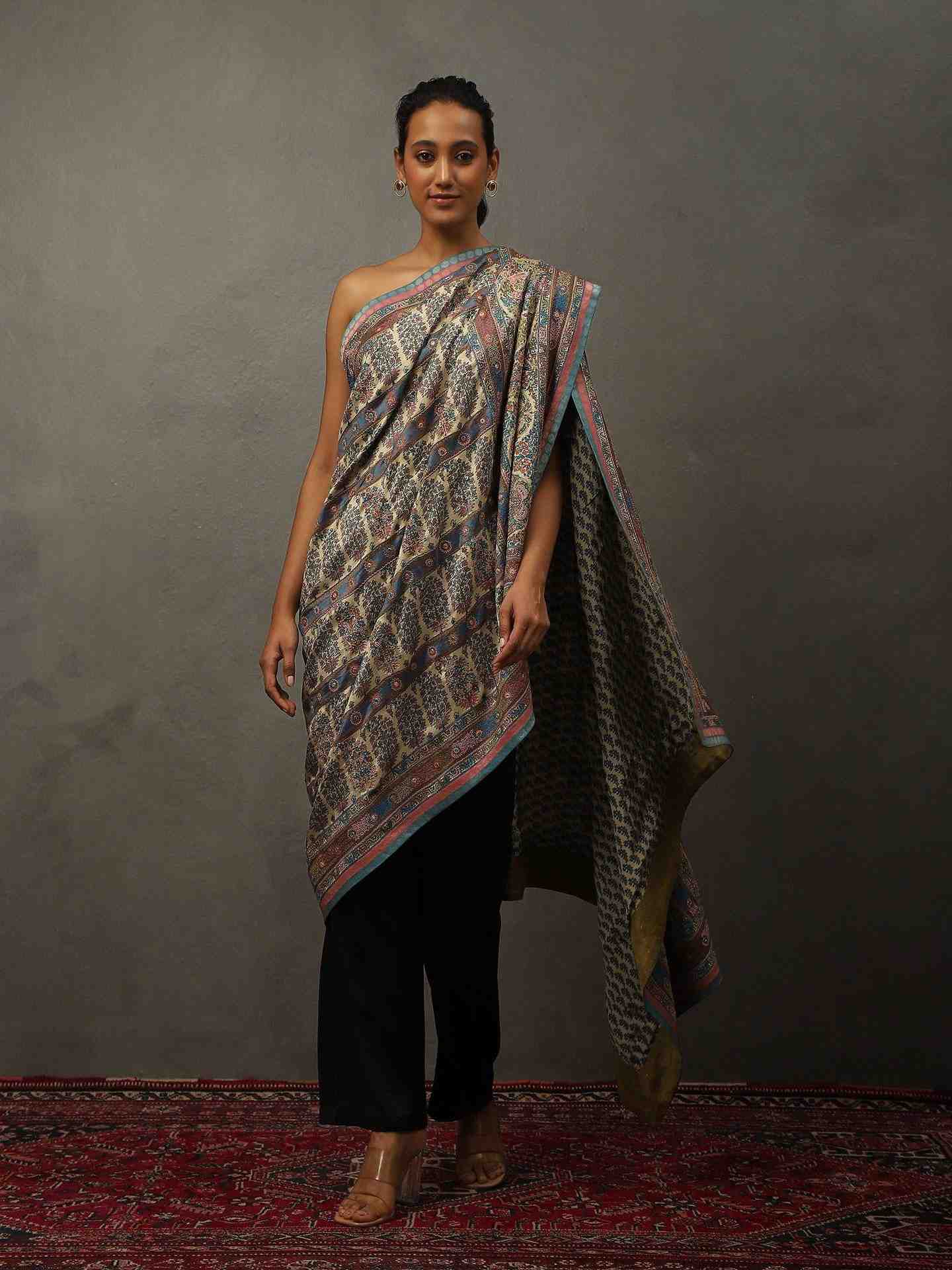 Beige & Tapestry Blue Keya Shawl