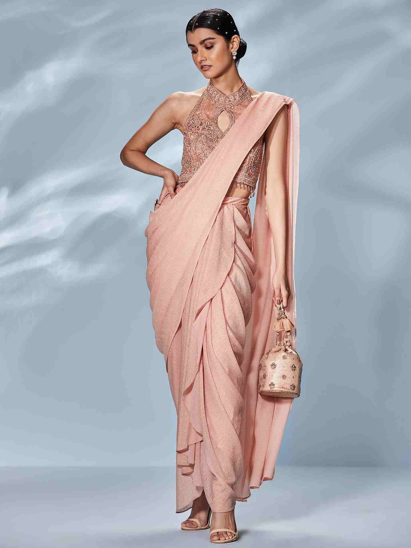 Peach Gazella Saree With Stitched Blouse