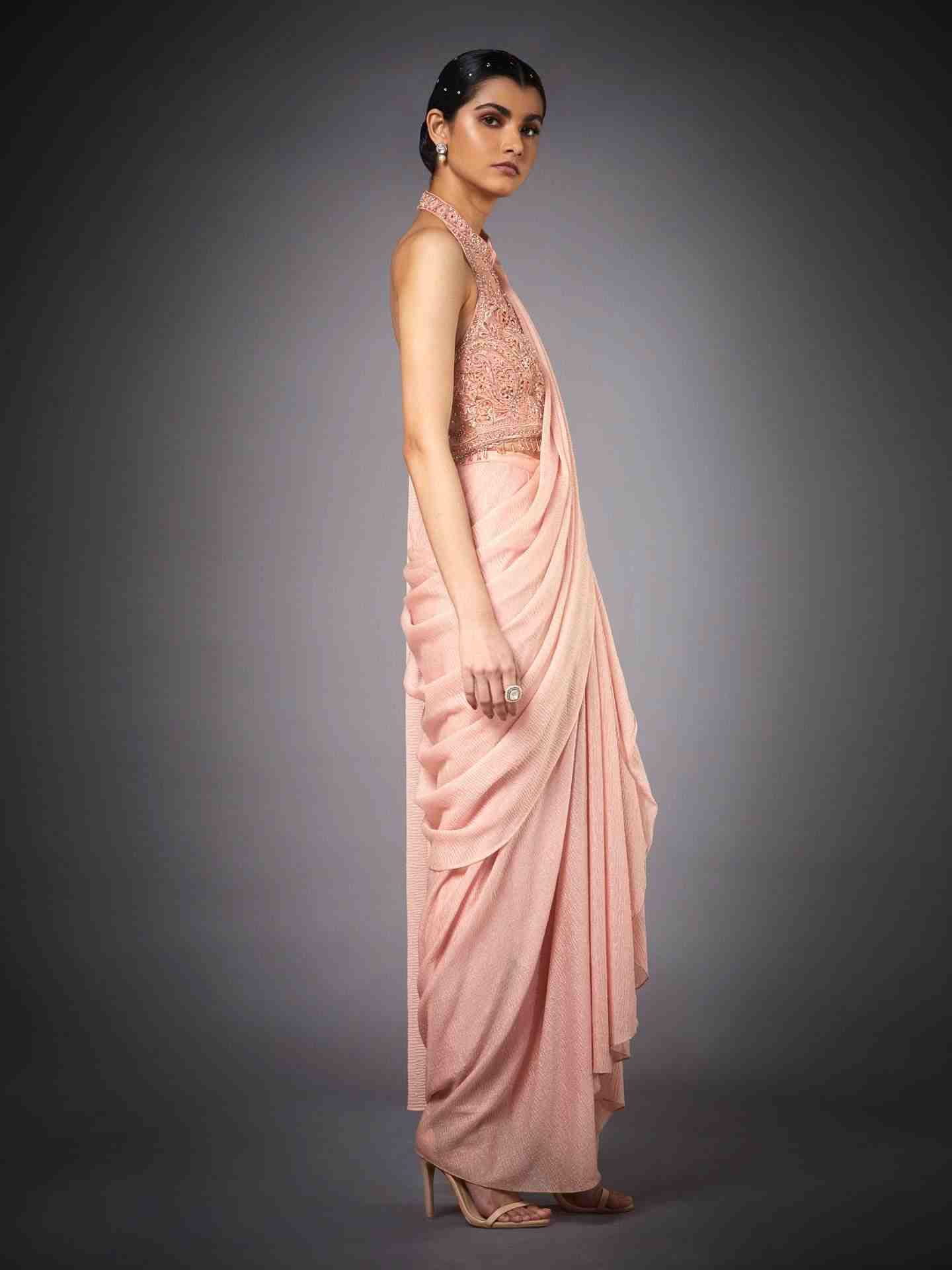 Peach Gazella Saree With Stitched Blouse