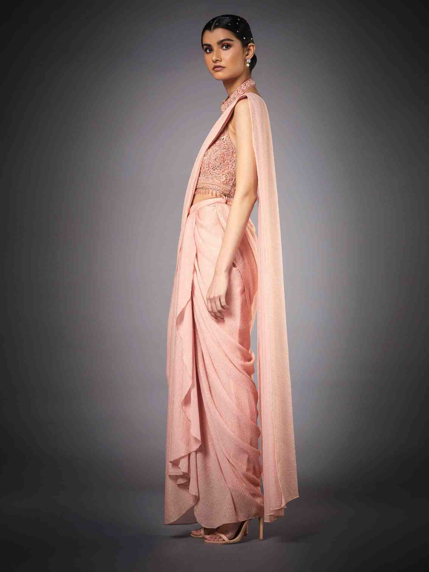 Peach Gazella Saree With Stitched Blouse