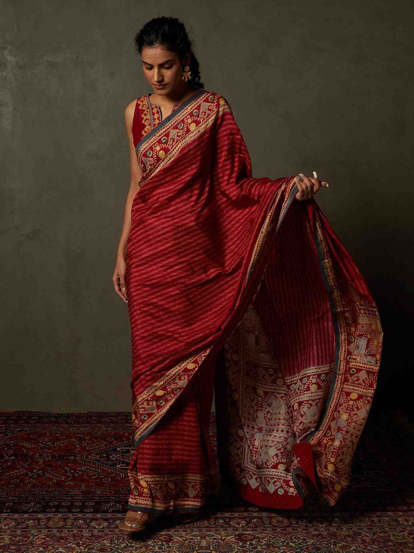 Red & Beige Noni Saree With Stitched Blouse