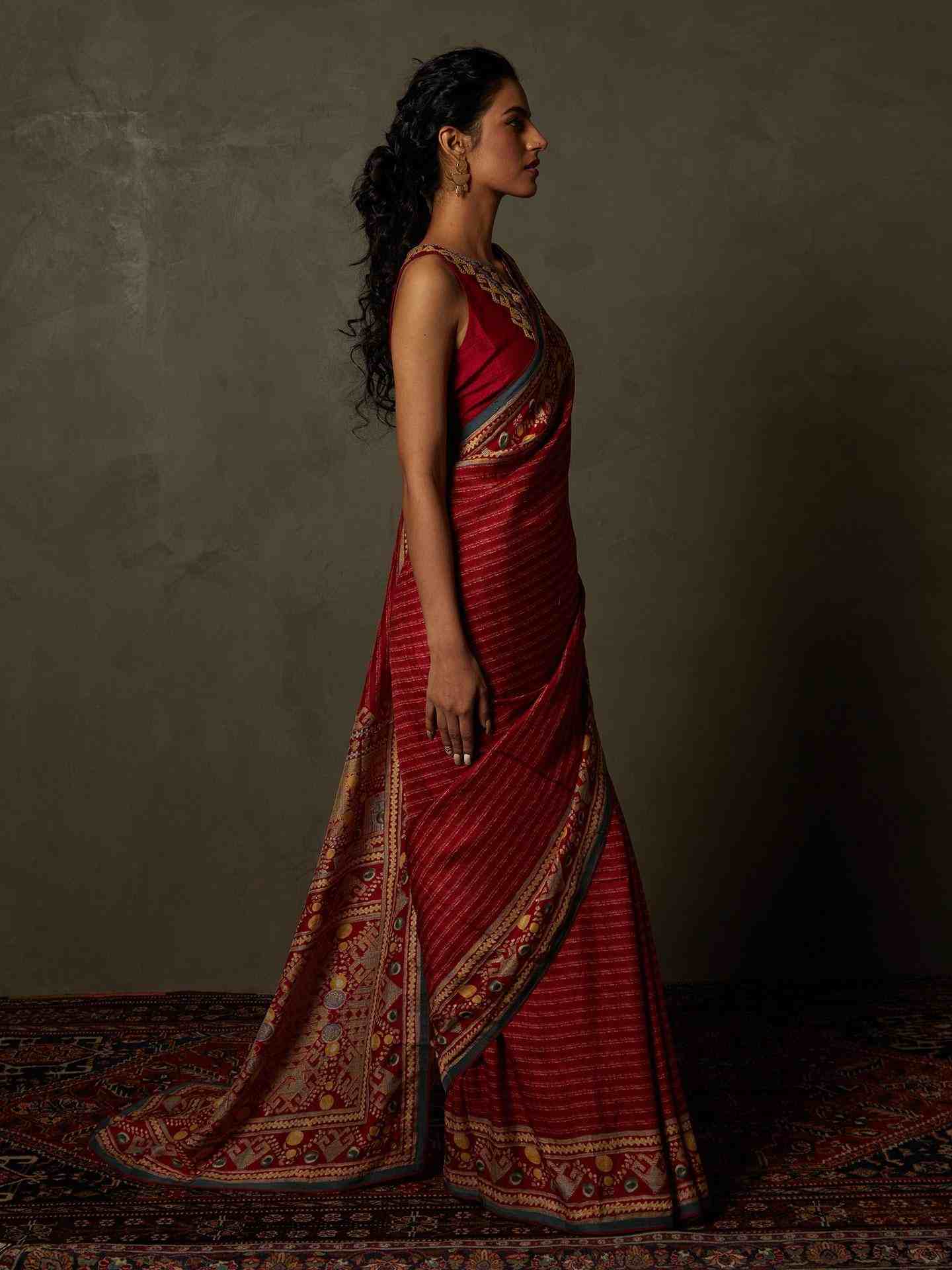 Red & Beige Noni Saree With Stitched Blouse