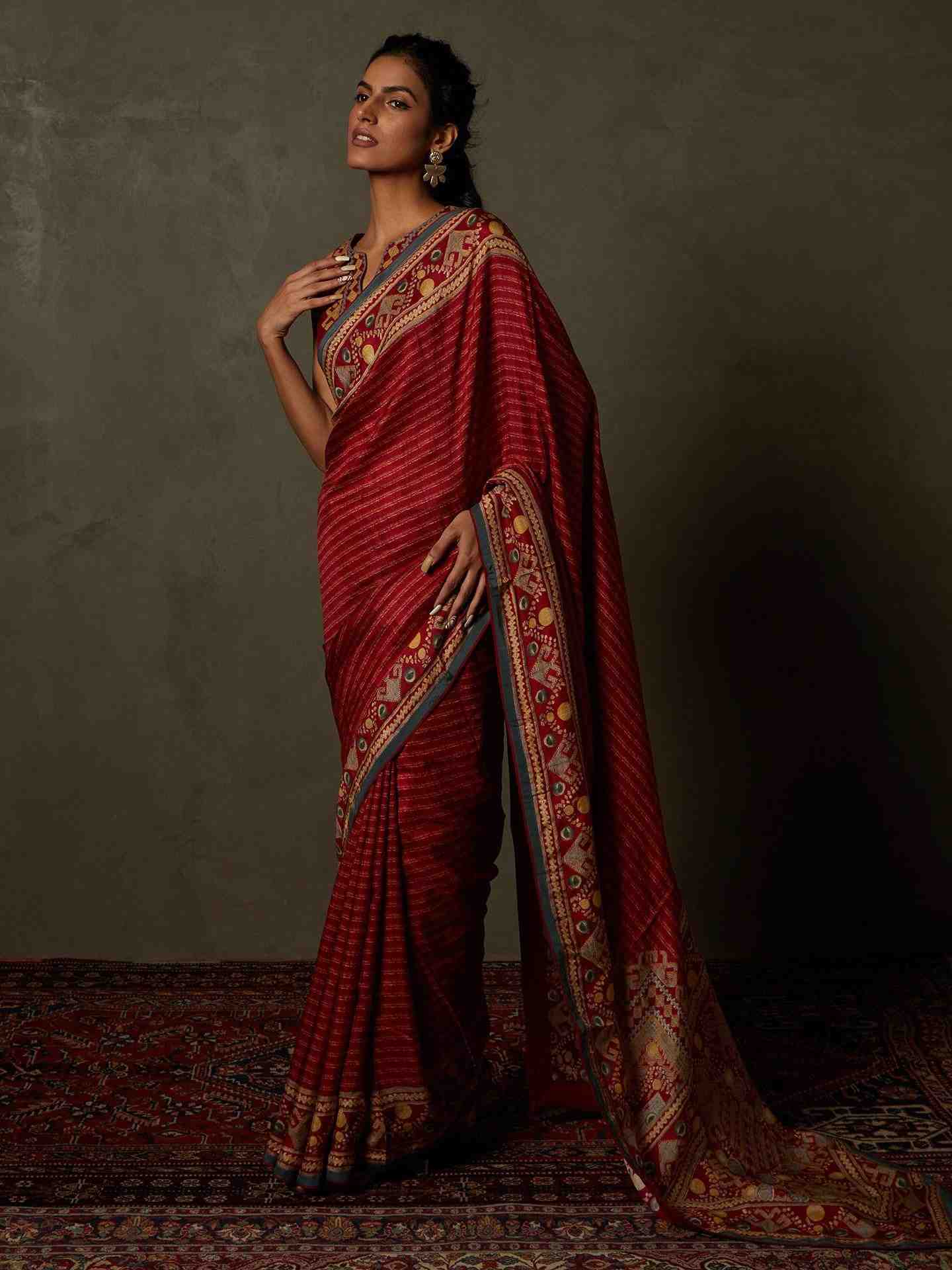 Red & Beige Noni Saree With Stitched Blouse