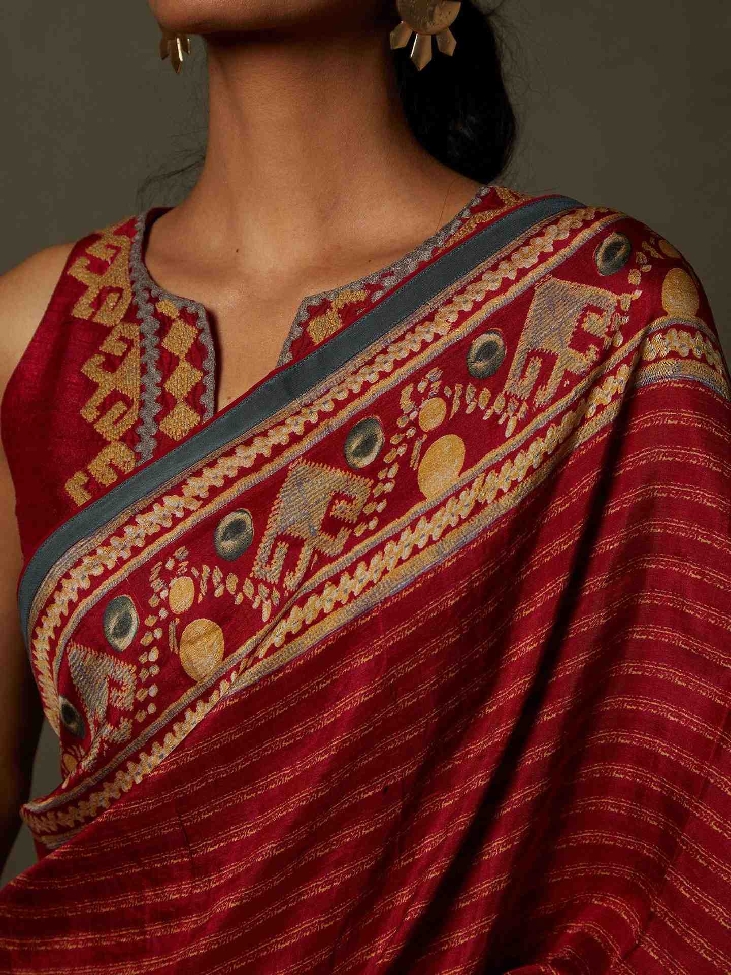 Red & Beige Noni Saree With Stitched Blouse