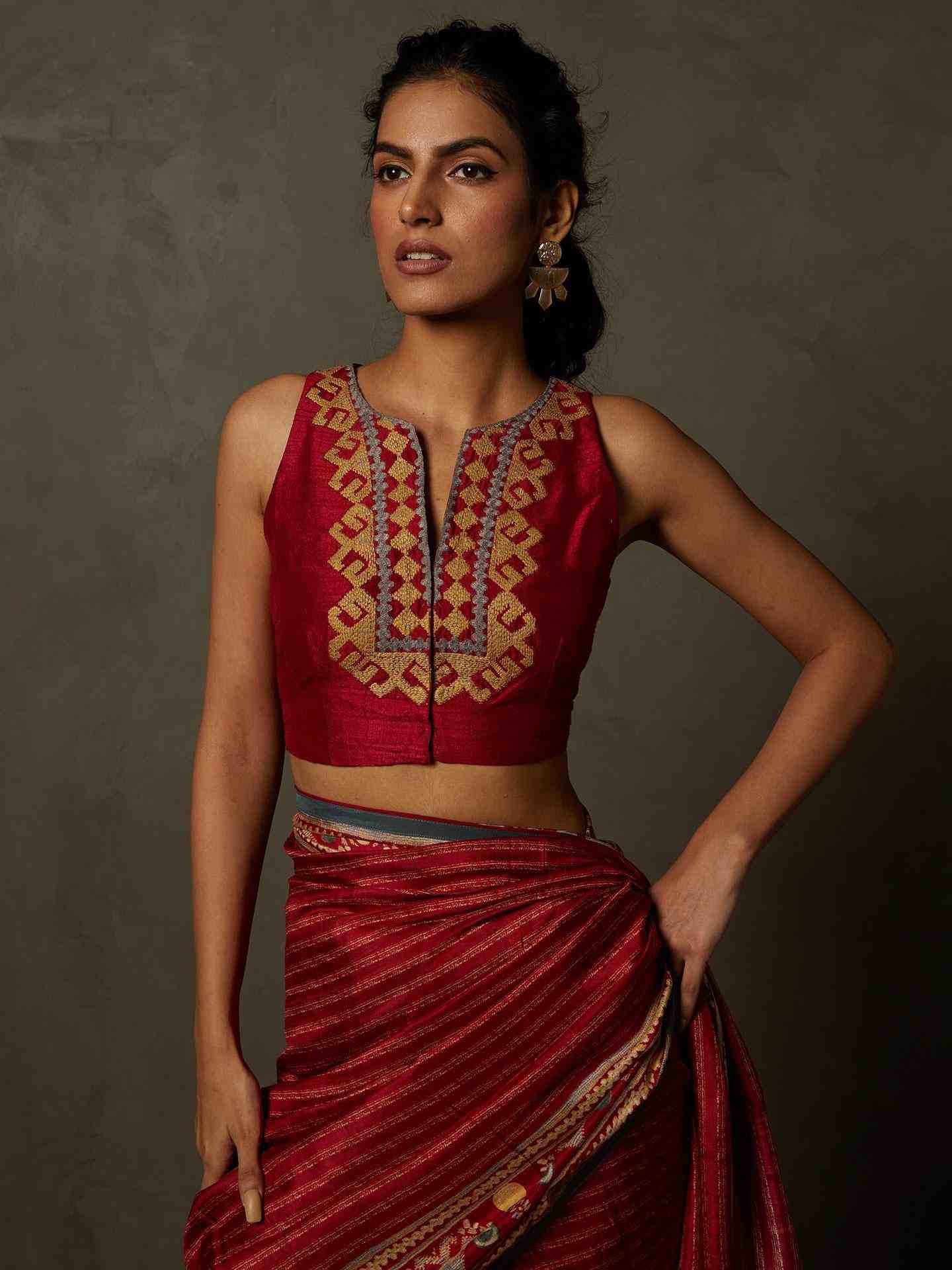 Red & Beige Noni Saree With Stitched Blouse