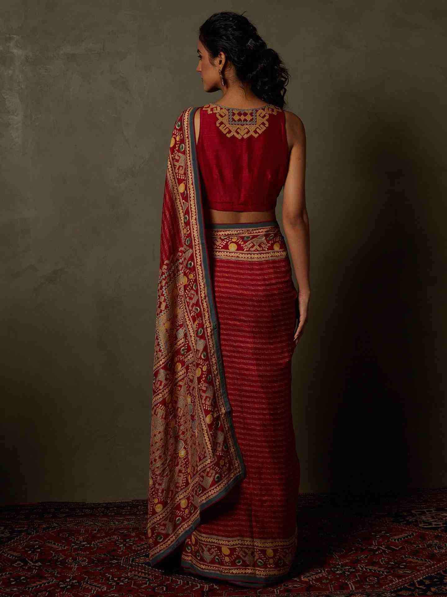Red & Beige Noni Saree With Stitched Blouse