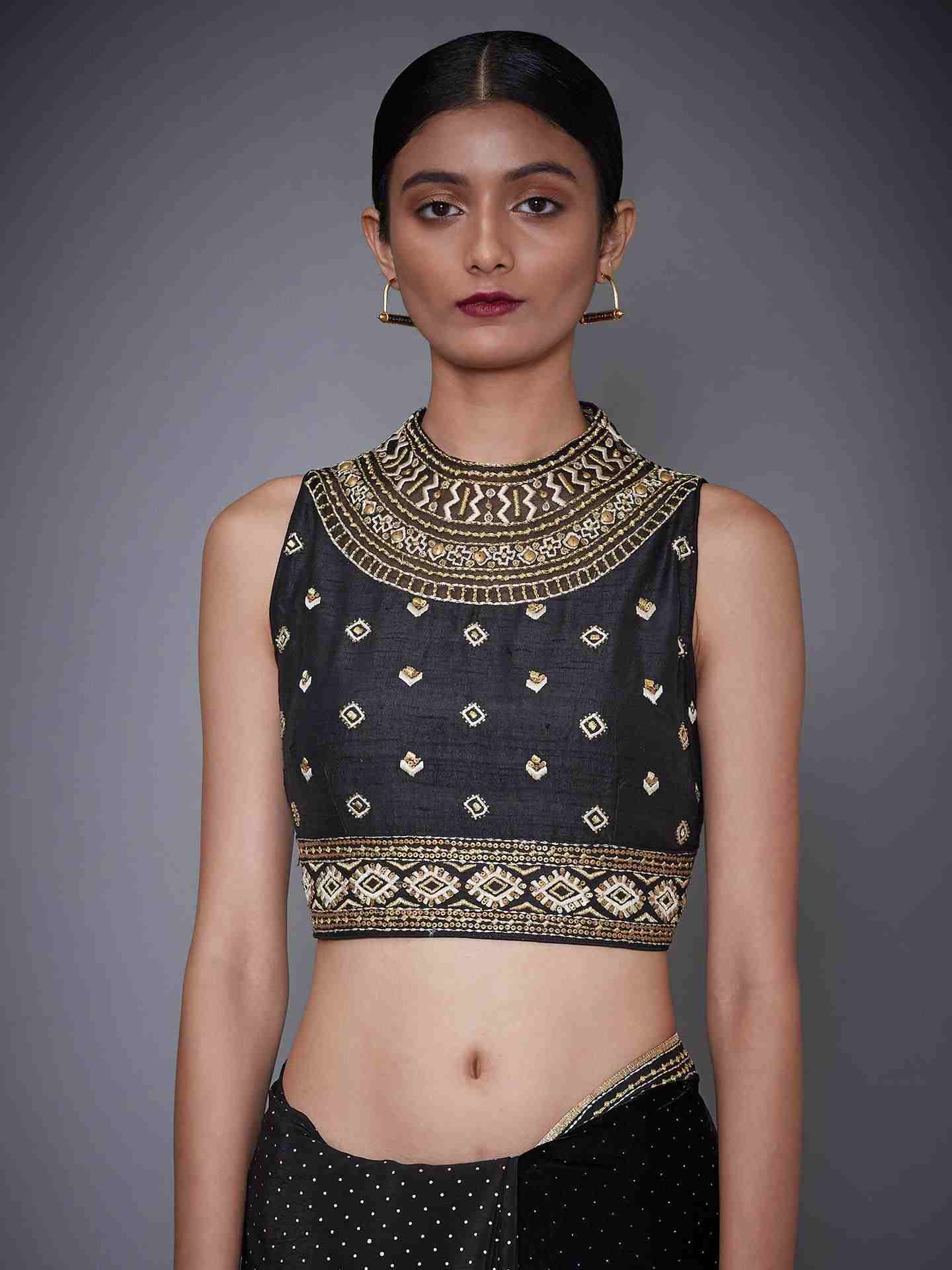Black Geometry Saree With Stitched Blouse