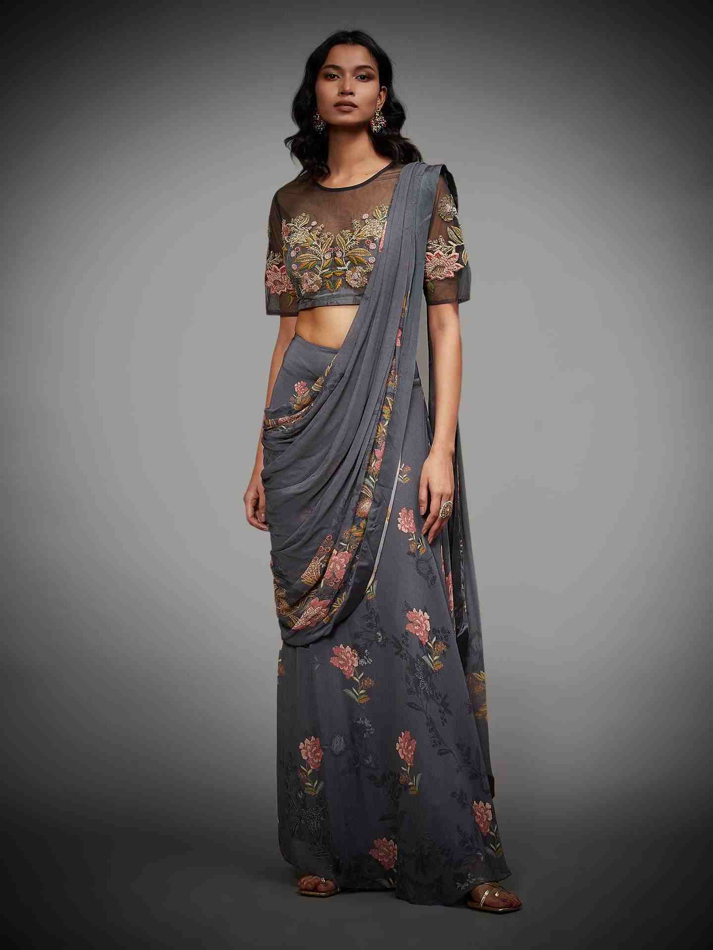 Charcoal Jane Austin Saree With Stitched Blouse