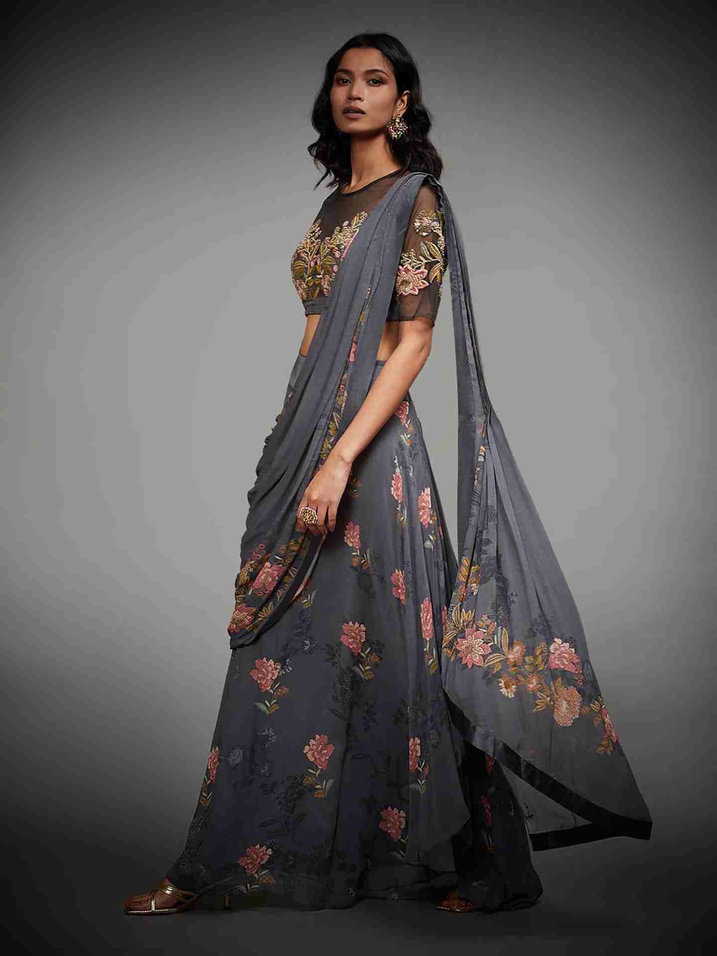 Charcoal Jane Austin Saree With Stitched Blouse