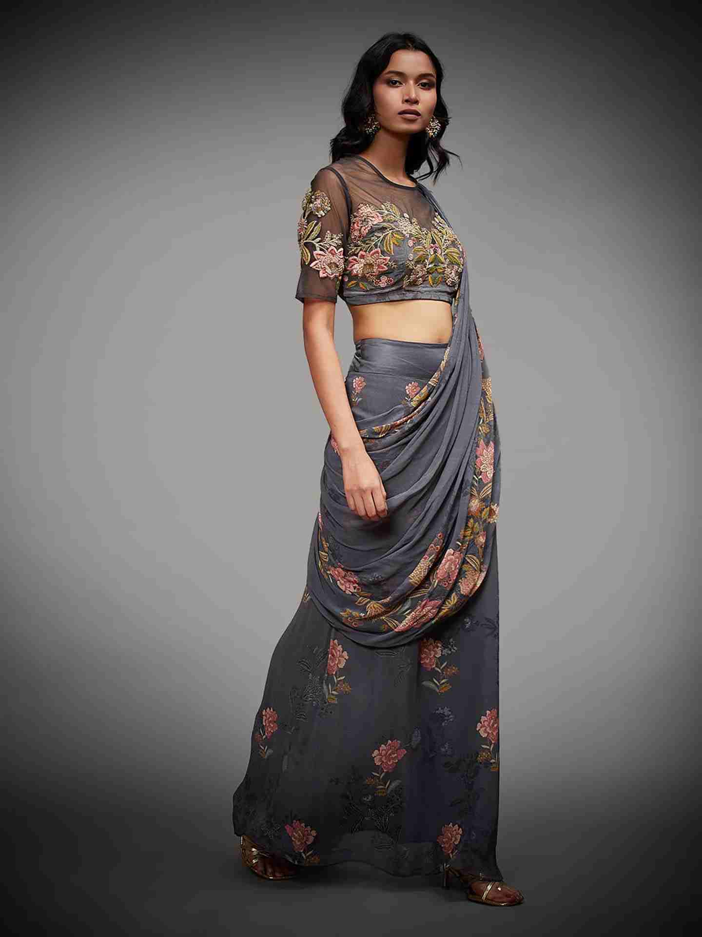 Charcoal Jane Austin Saree With Stitched Blouse