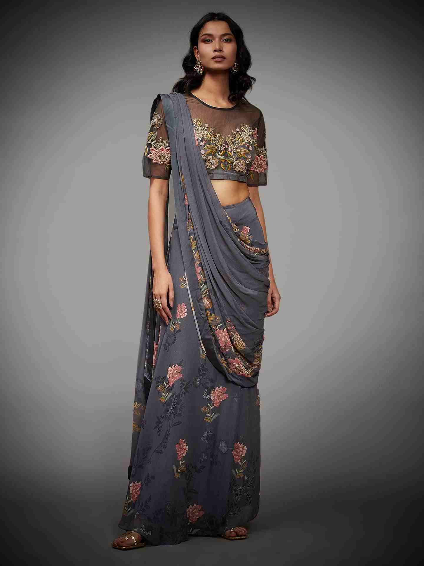 Charcoal Jane Austin Saree With Stitched Blouse