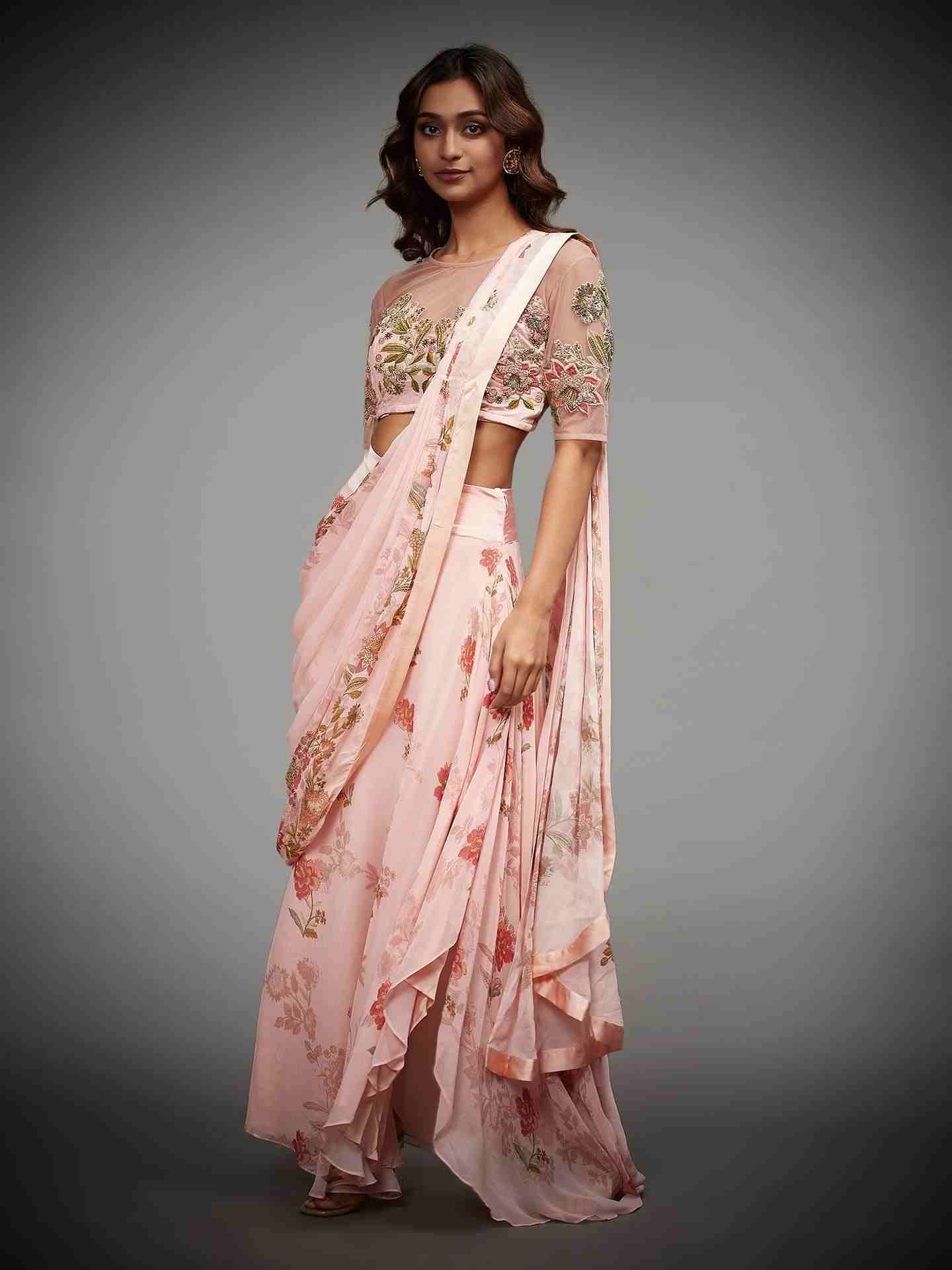 Pastel Pink Jane Austin Saree With Stitched Blouse