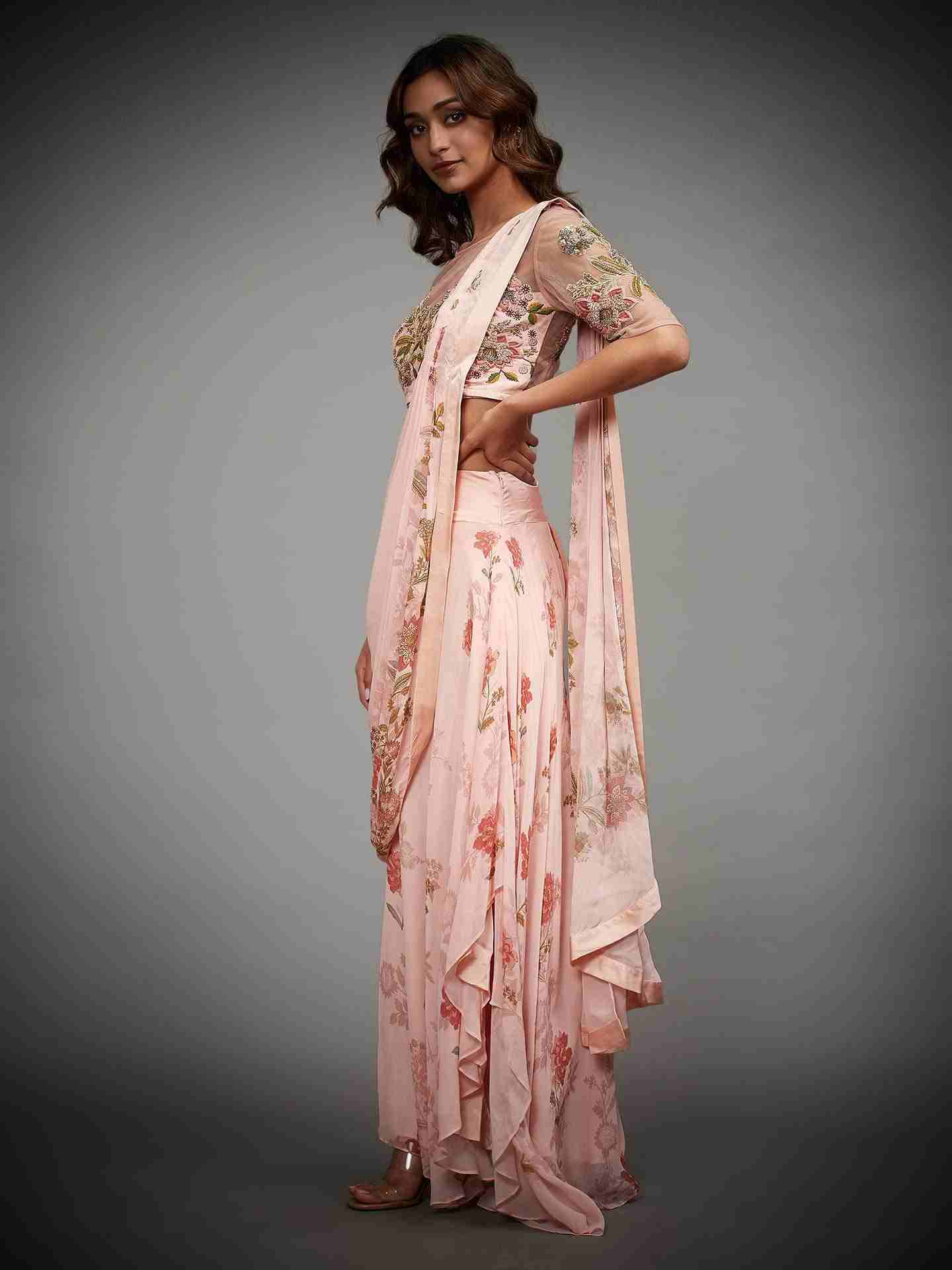Pastel Pink Jane Austin Saree With Stitched Blouse