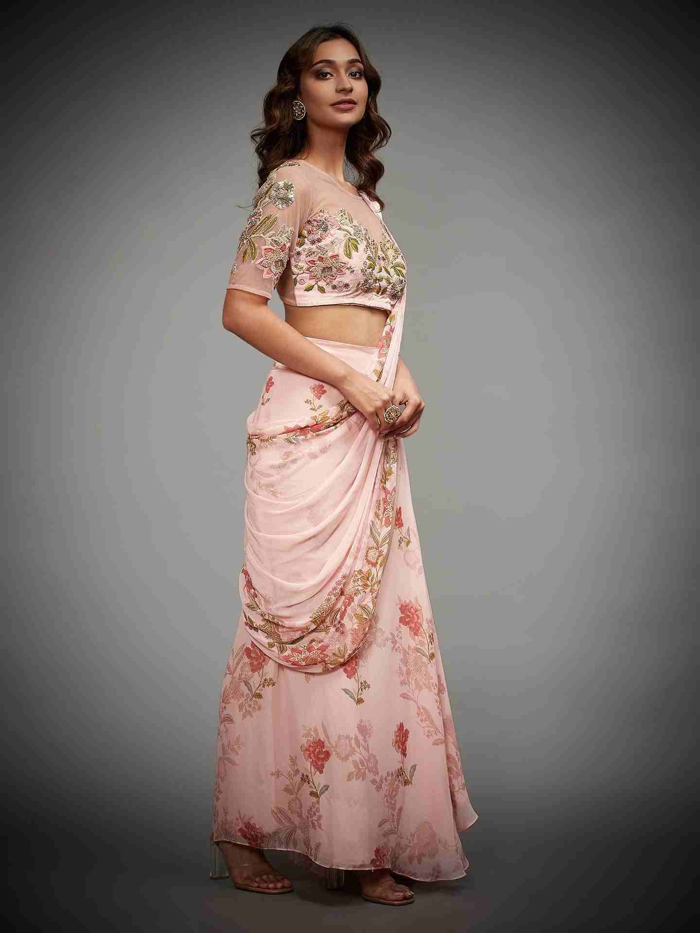 Pastel Pink Jane Austin Saree With Stitched Blouse