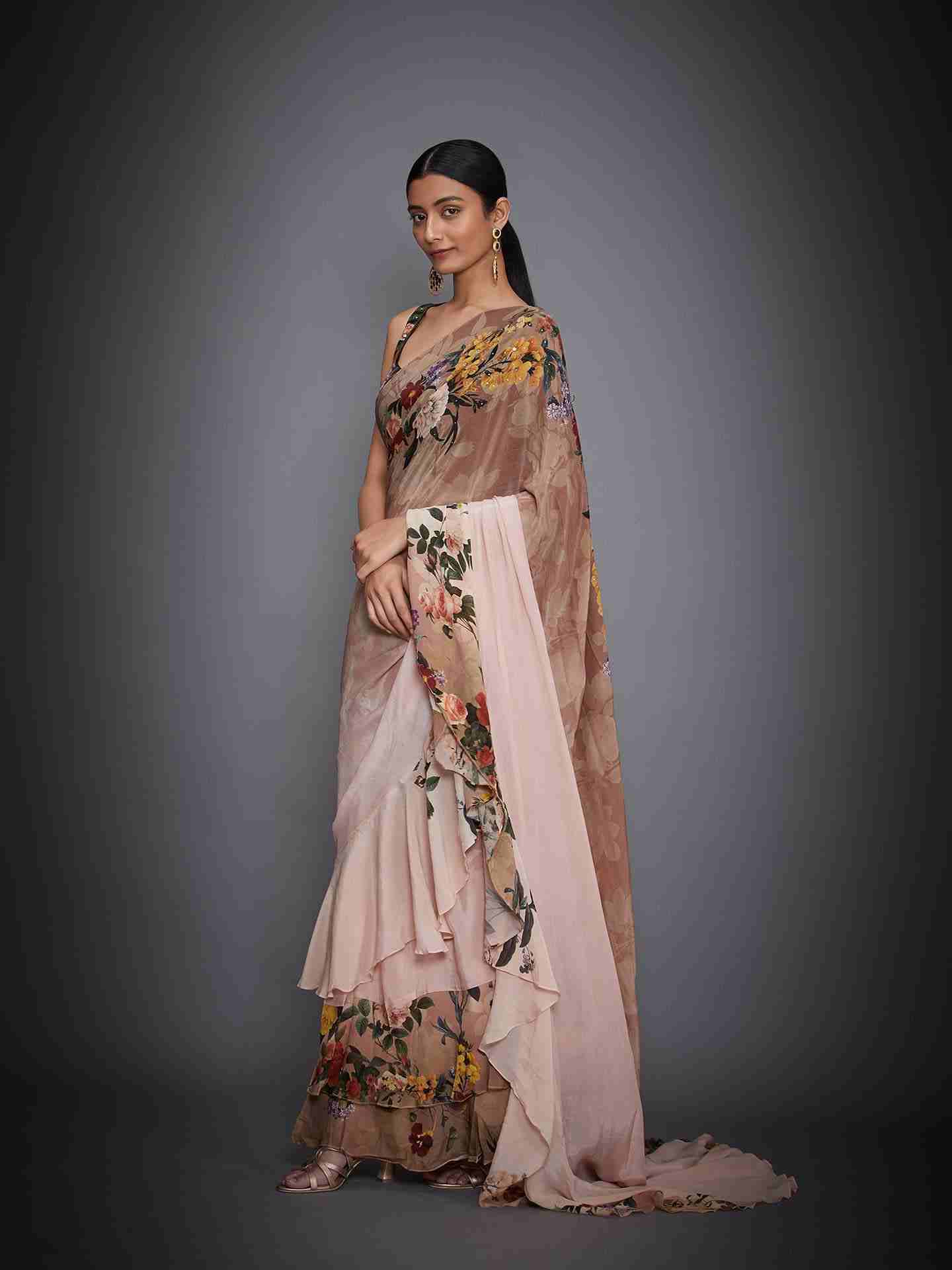 Brown & Peach Raika Saree With Stitched Blouse