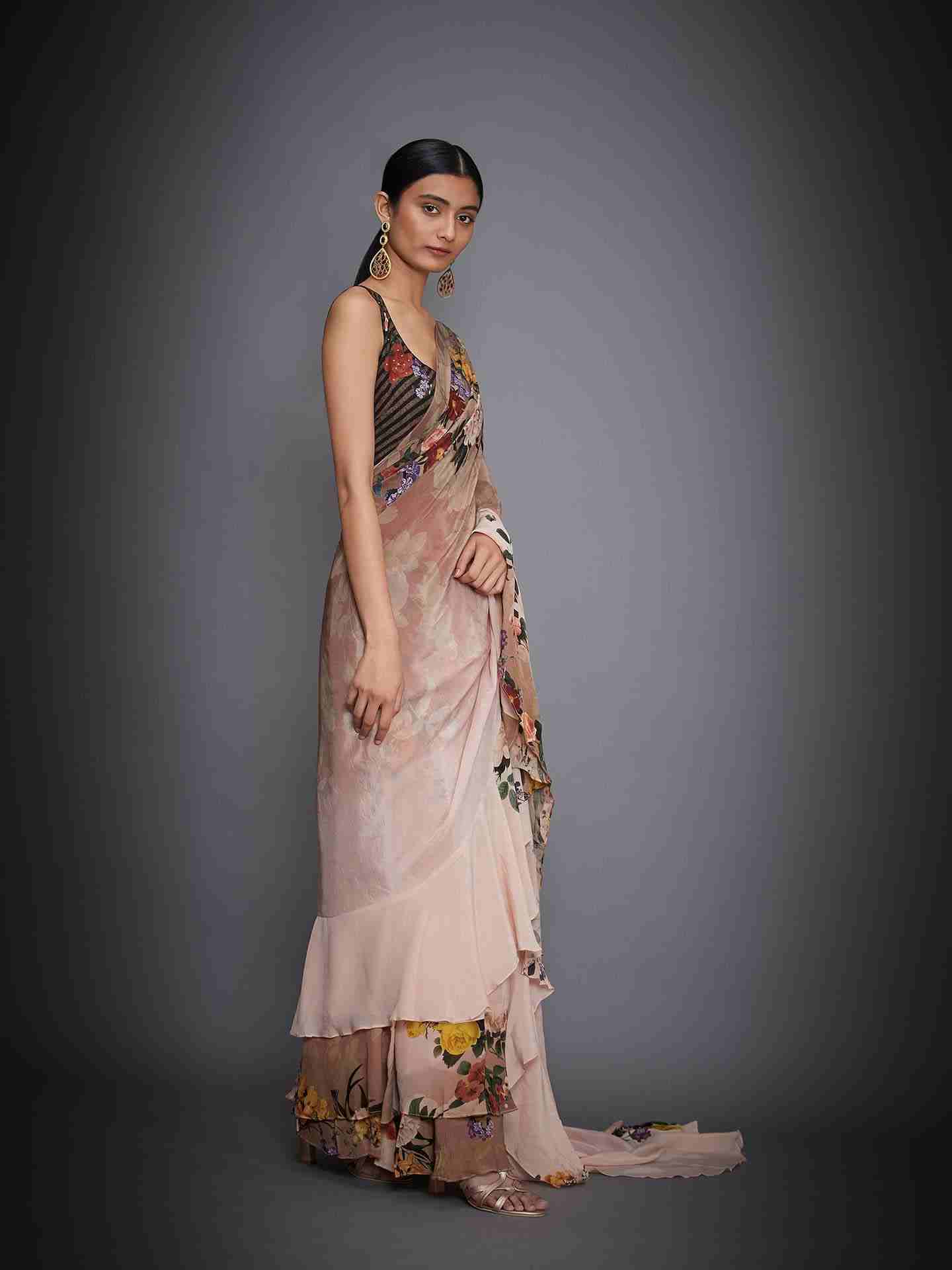 Brown & Peach Raika Saree With Stitched Blouse