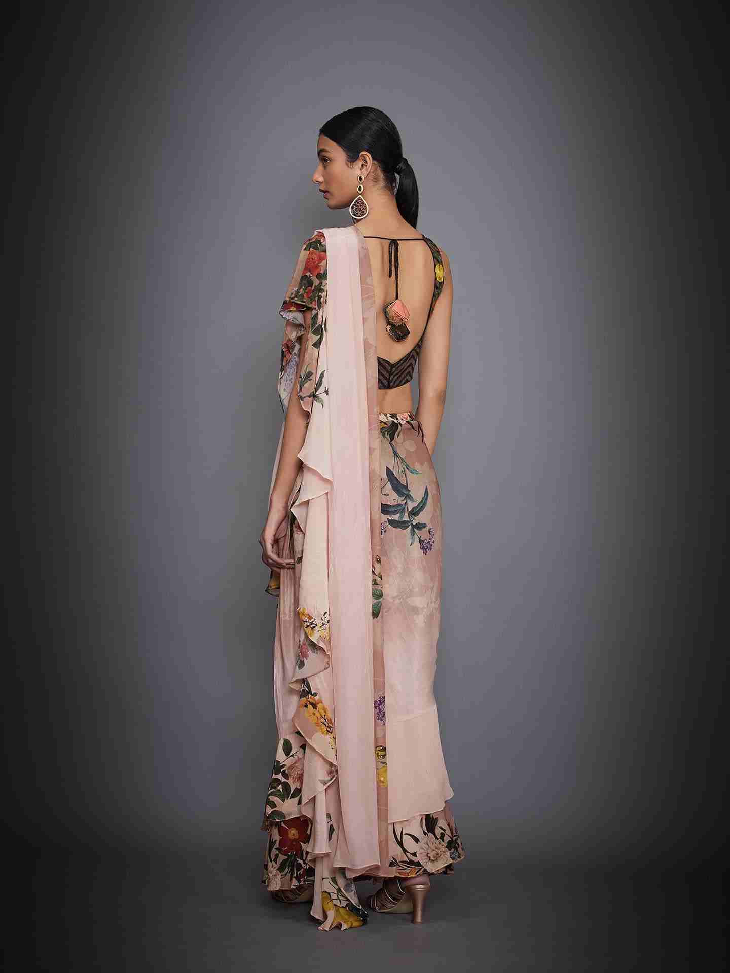 Brown & Peach Raika Saree With Stitched Blouse