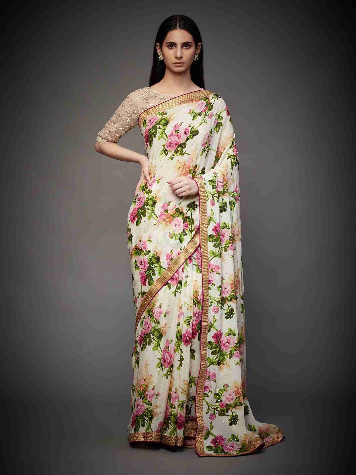 Off White & Pink Gulab Saree With Stitched Blouse