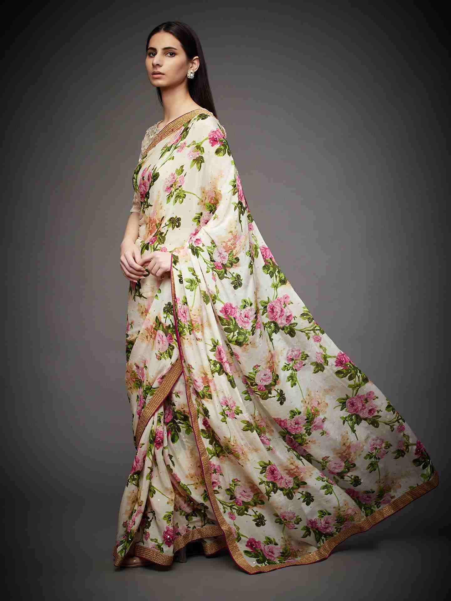 Off White & Pink Gulab Saree With Stitched Blouse