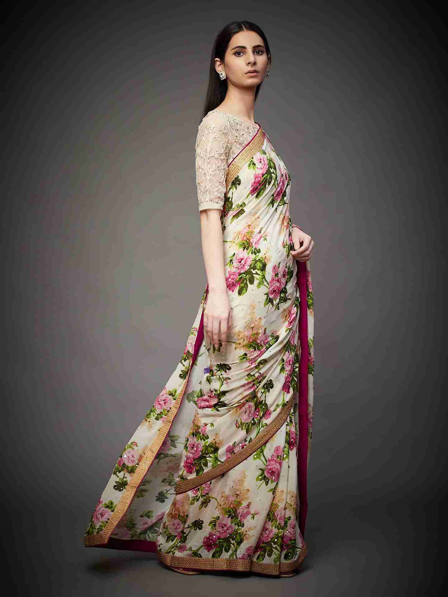 Off White & Pink Gulab Saree With Stitched Blouse