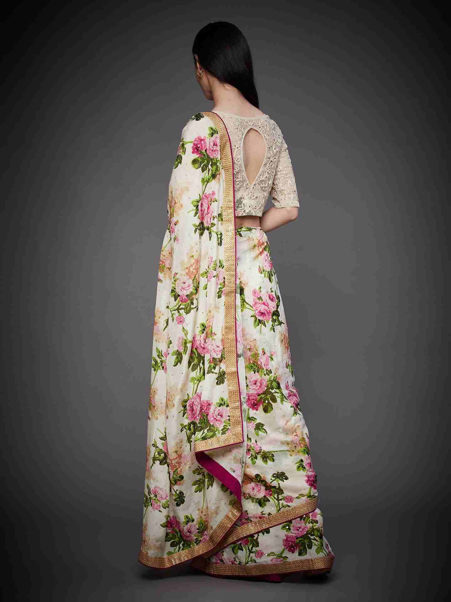 Off White & Pink Gulab Saree With Stitched Blouse