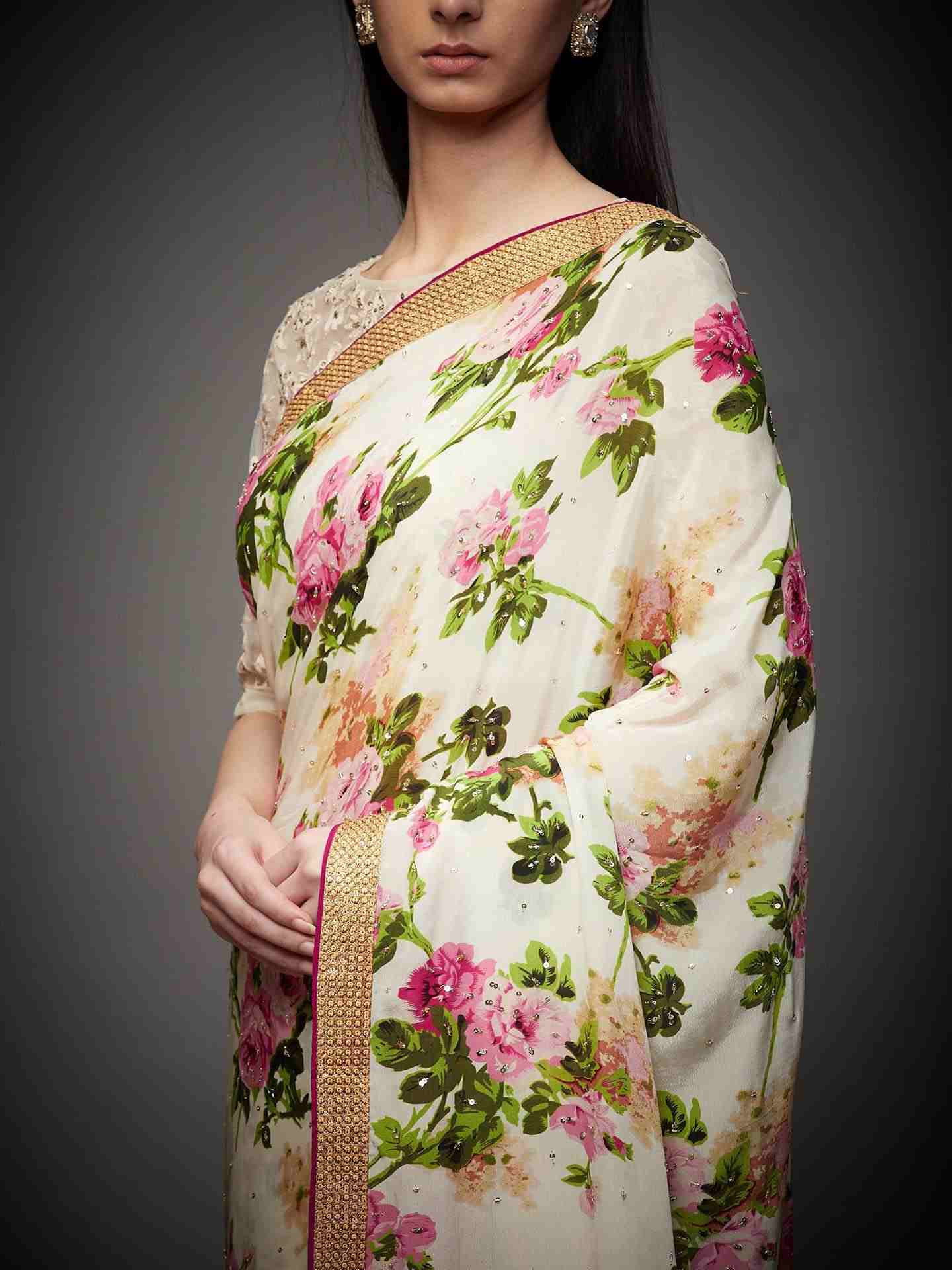 Off White & Pink Gulab Saree With Stitched Blouse