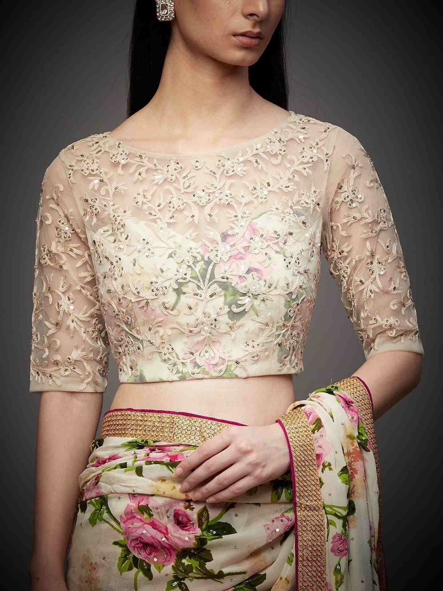 Off White & Pink Gulab Saree With Stitched Blouse