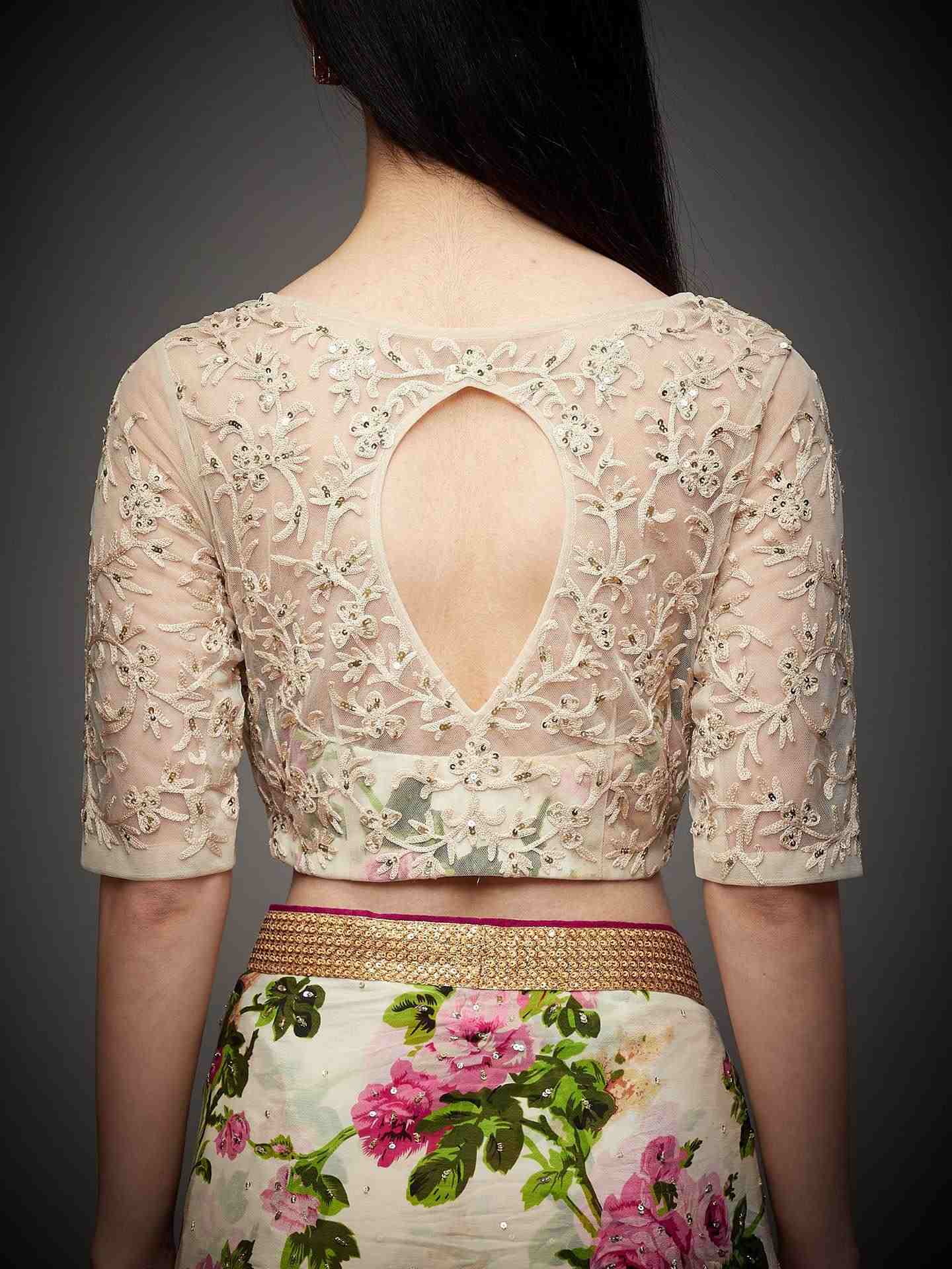 Off White & Pink Gulab Saree With Stitched Blouse