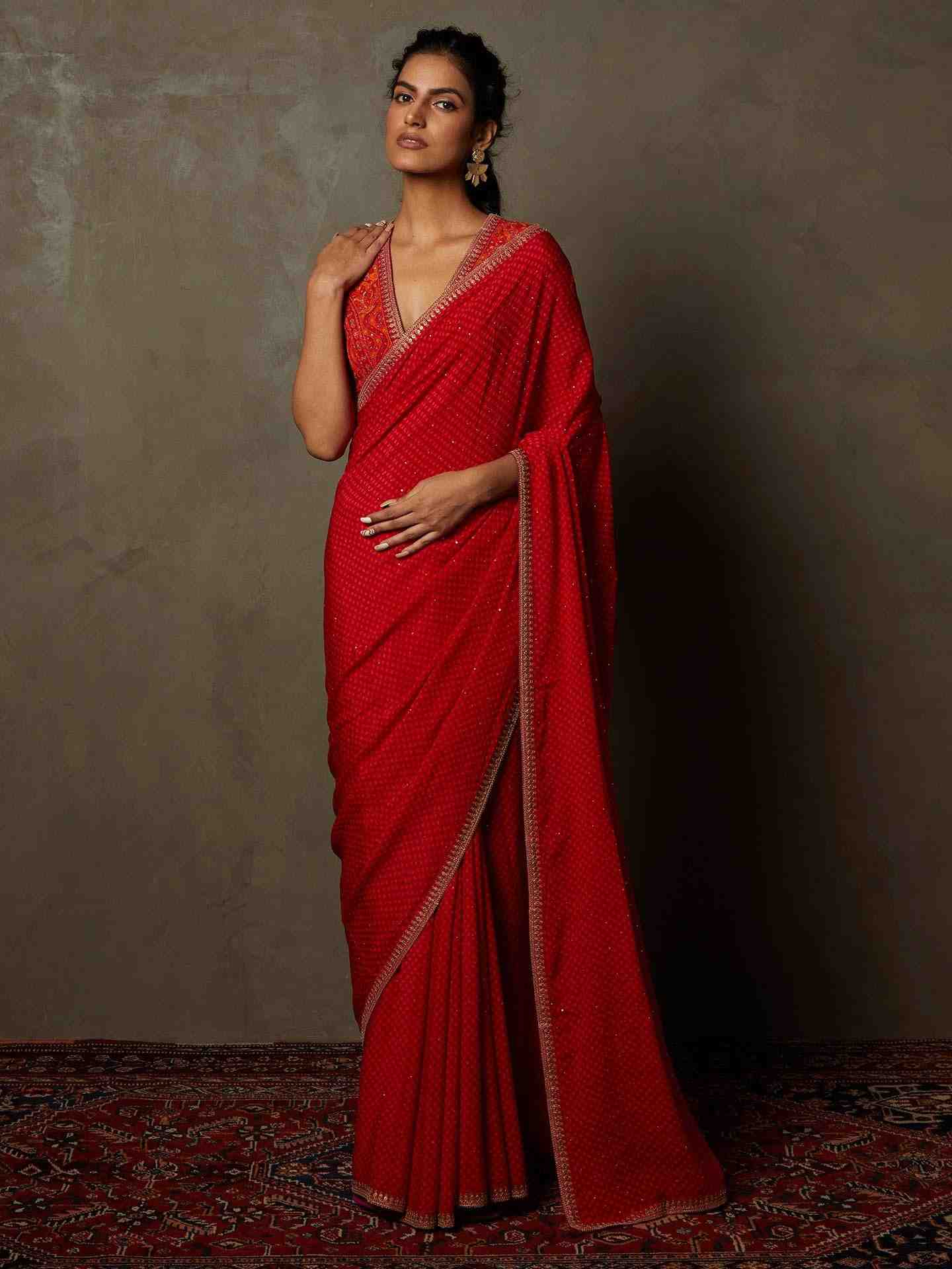 Fuschia & Orange Prina Saree With Stitched Blouse