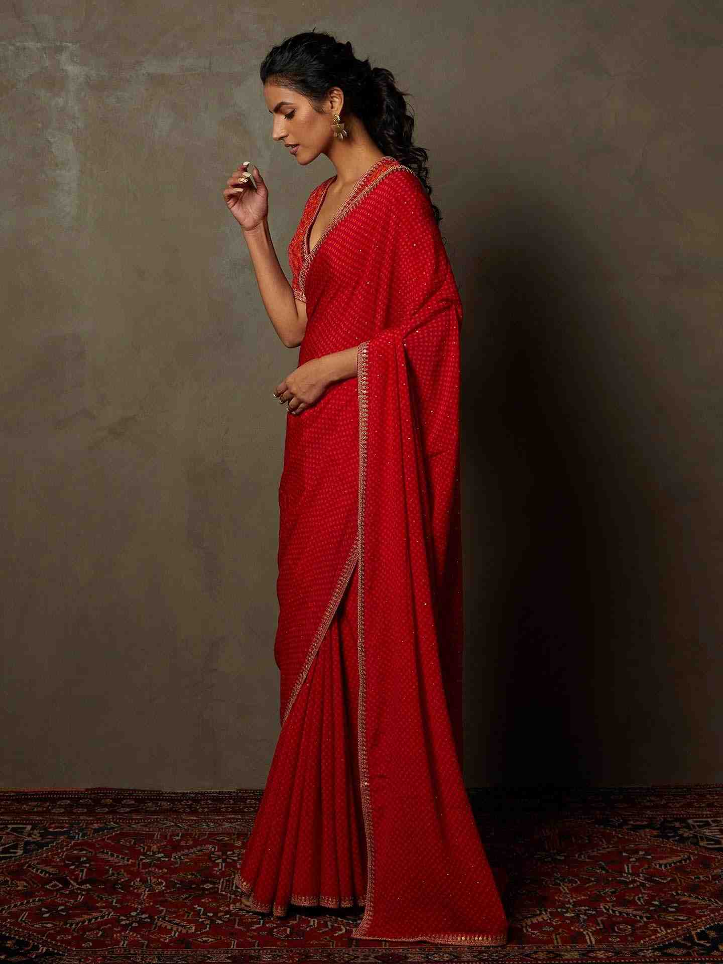 Fuschia & Orange Prina Saree With Stitched Blouse