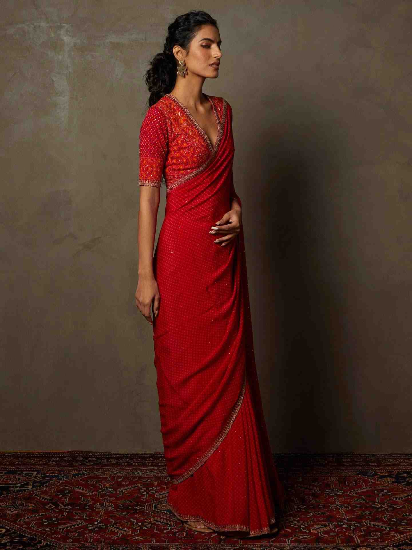 Fuschia & Orange Prina Saree With Stitched Blouse