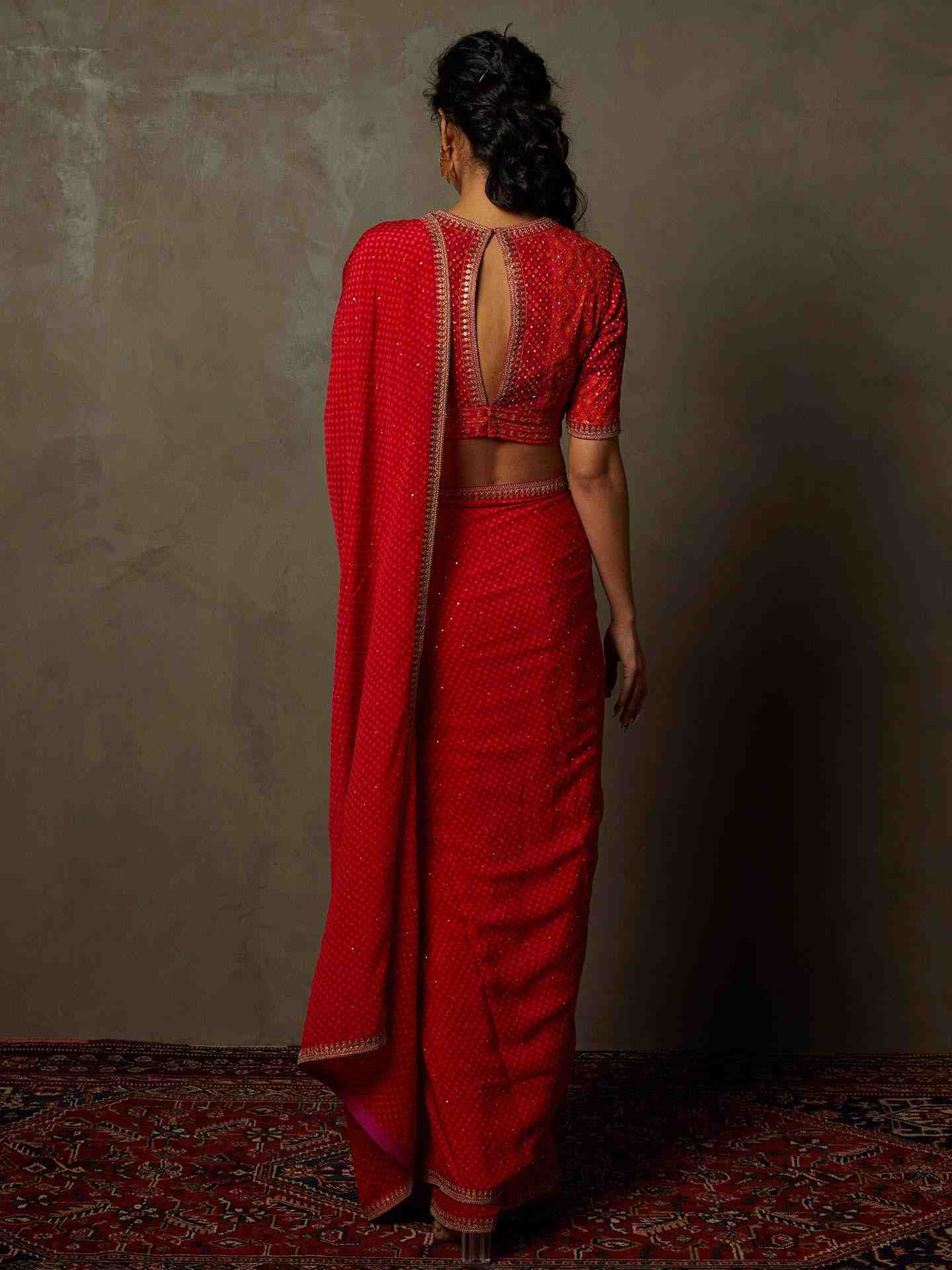 Fuschia & Orange Prina Saree With Stitched Blouse