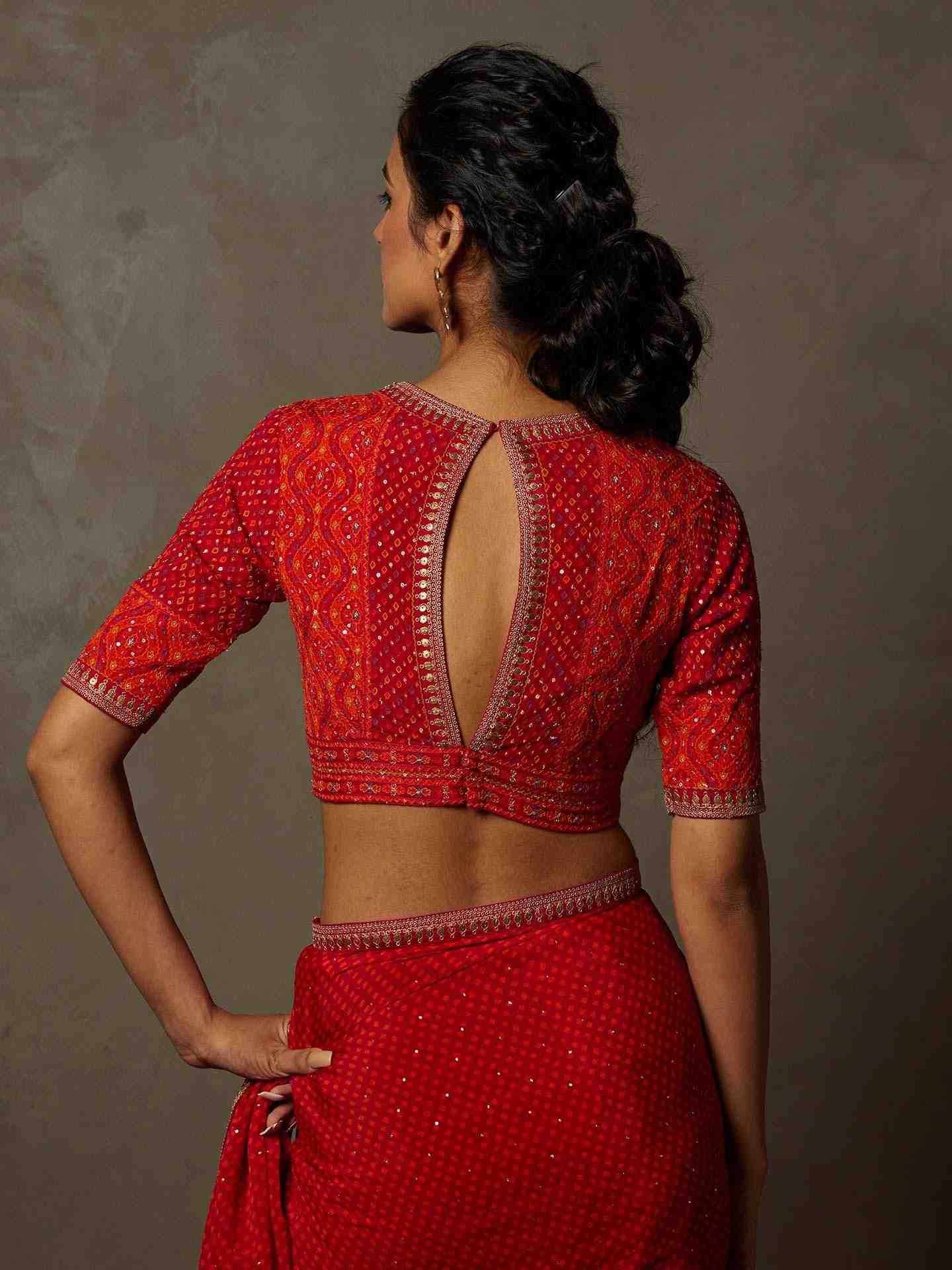 Fuschia & Orange Prina Saree With Stitched Blouse