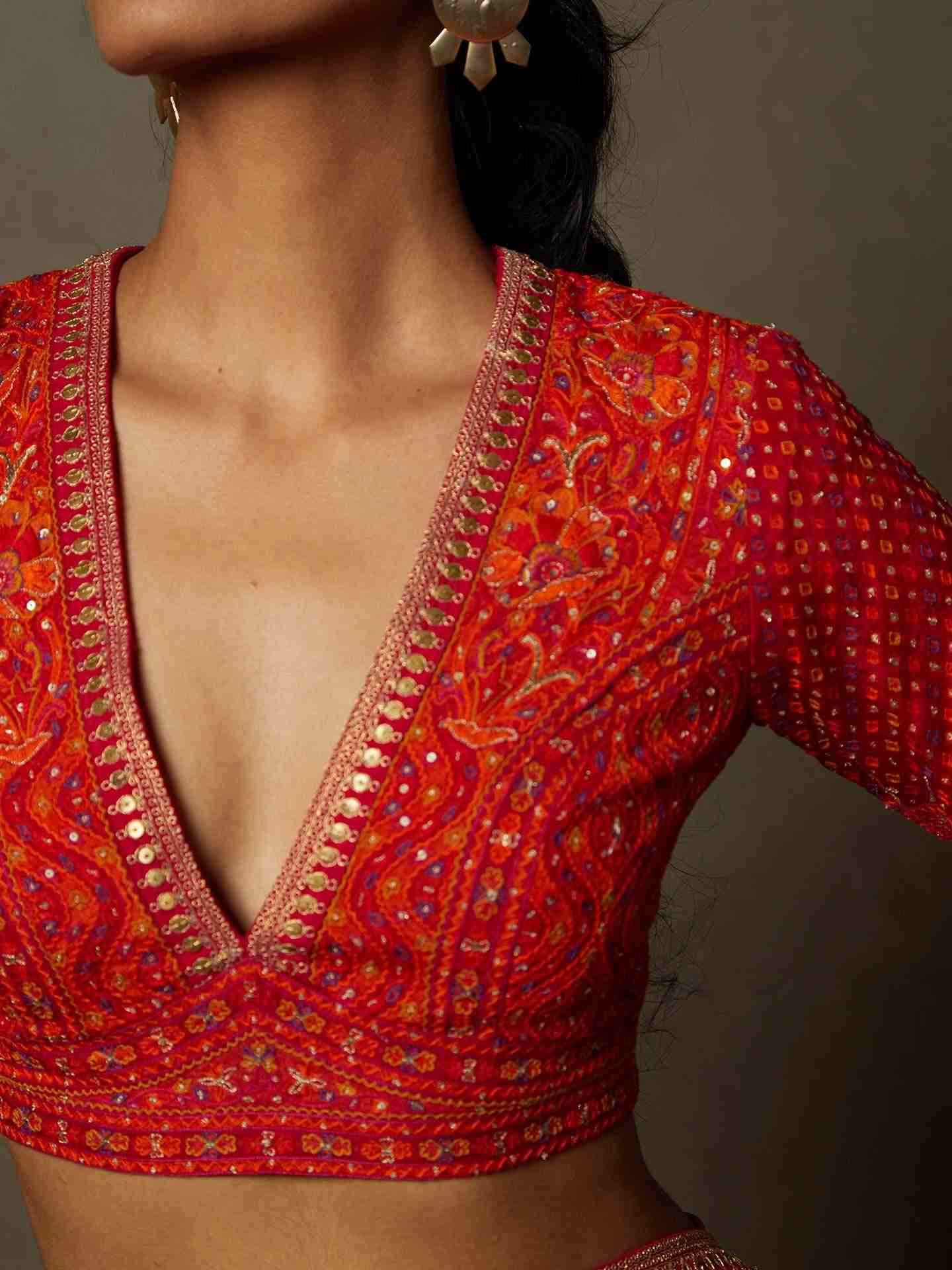 Fuschia & Orange Prina Saree With Stitched Blouse