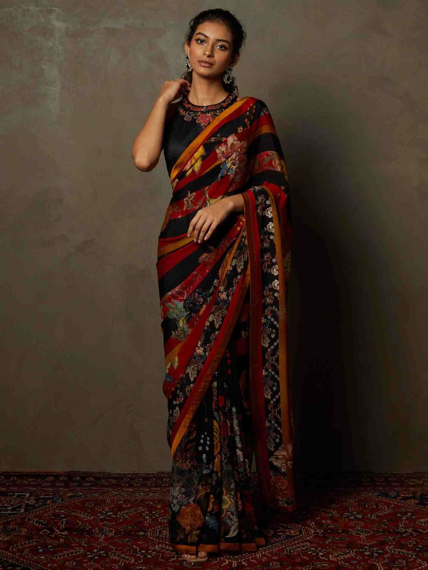 Black & Red Wild Flower Saree With Stitched Blouse