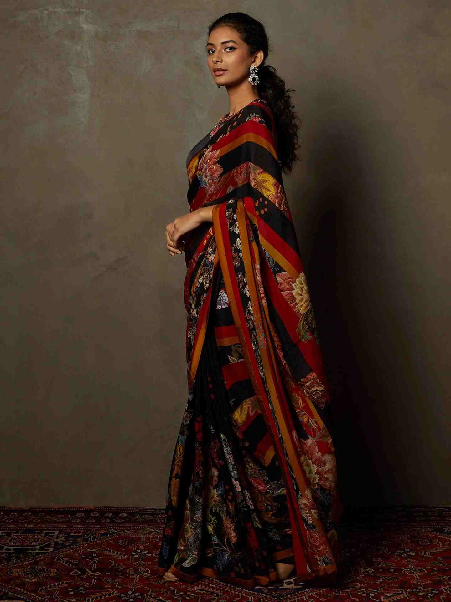 Black & Red Wild Flower Saree With Stitched Blouse