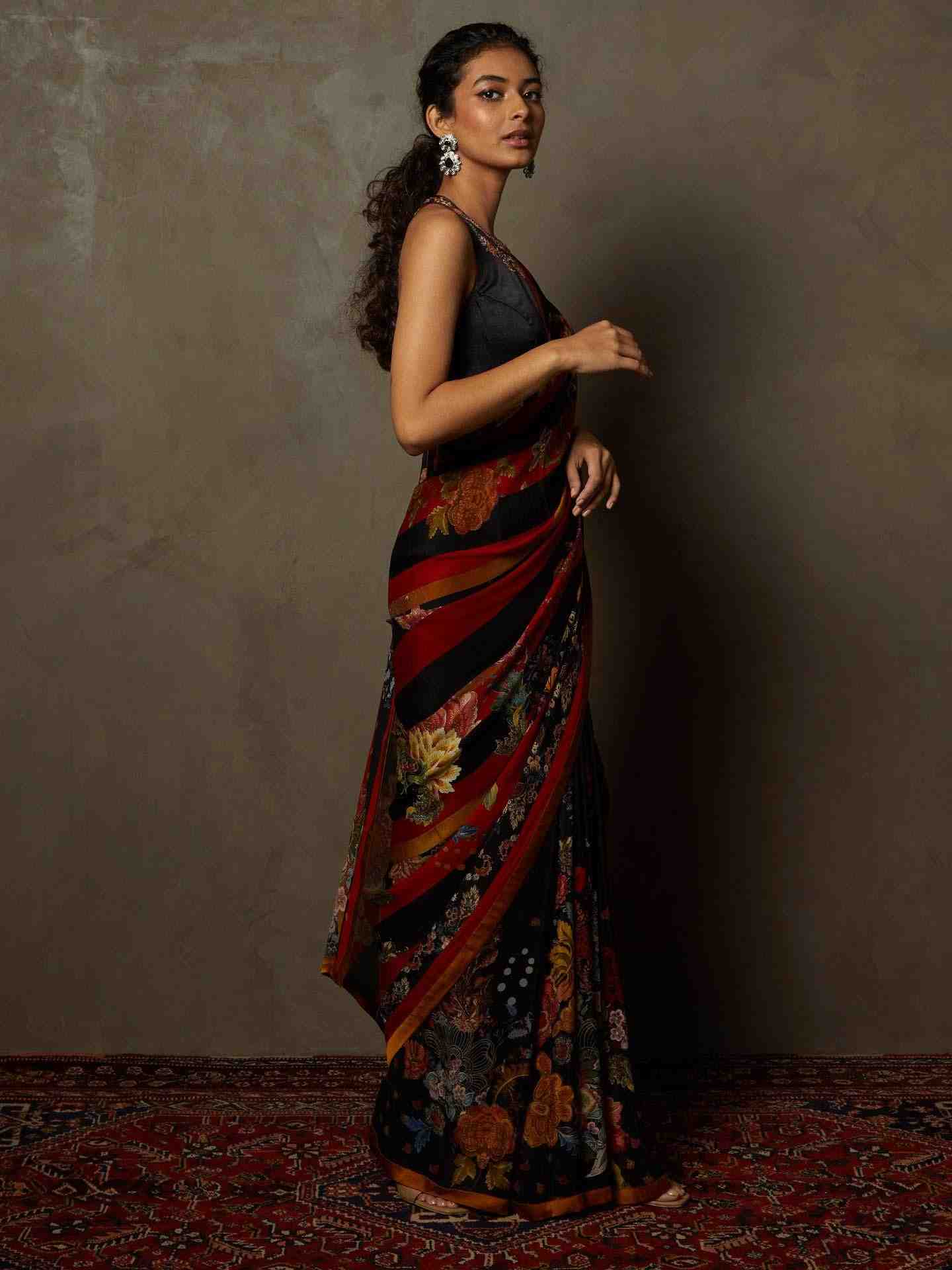 Black & Red Wild Flower Saree With Stitched Blouse