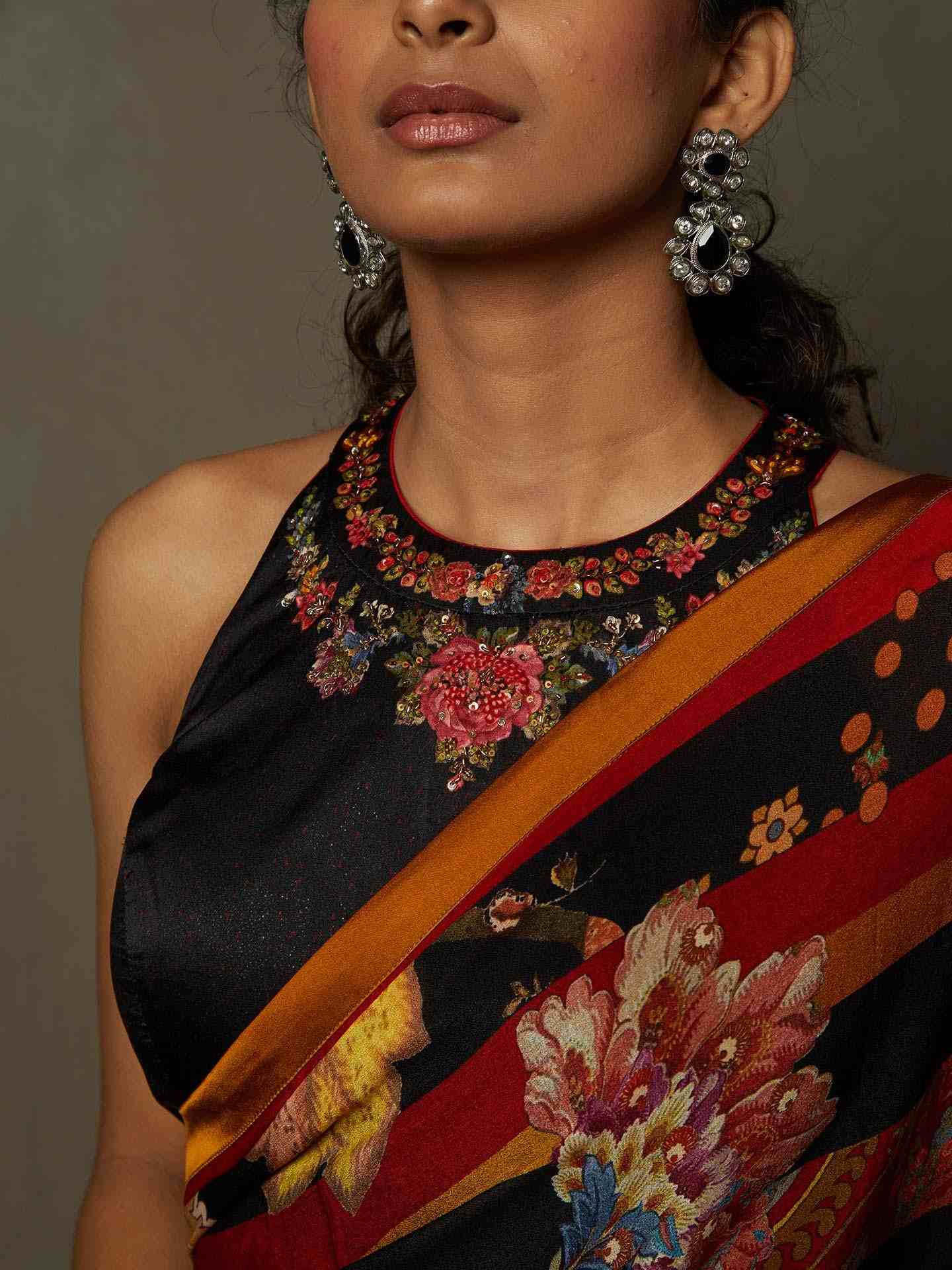 Black & Red Wild Flower Saree With Stitched Blouse