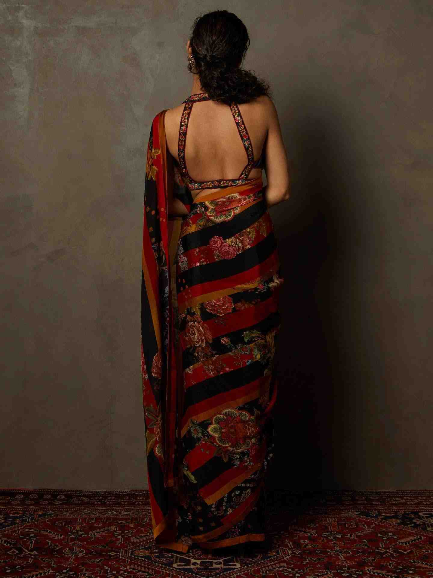 Black & Red Wild Flower Saree With Stitched Blouse