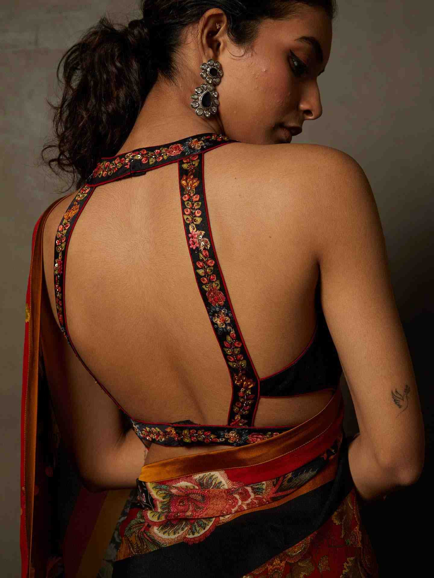 Black & Red Wild Flower Saree With Stitched Blouse